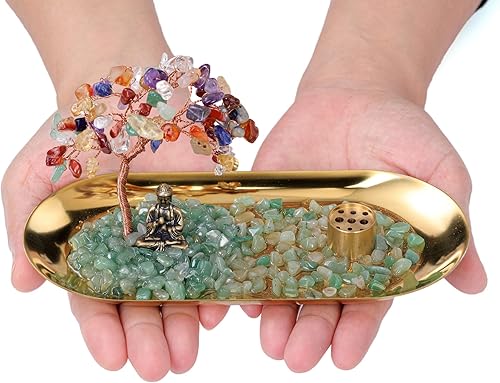 Miniatura 4 de Jovivi Soporte de incienso de cristal para palos, piedra de cristal curativo, árbol de dinero, juego de estatua de Buda, quemador de incienso,