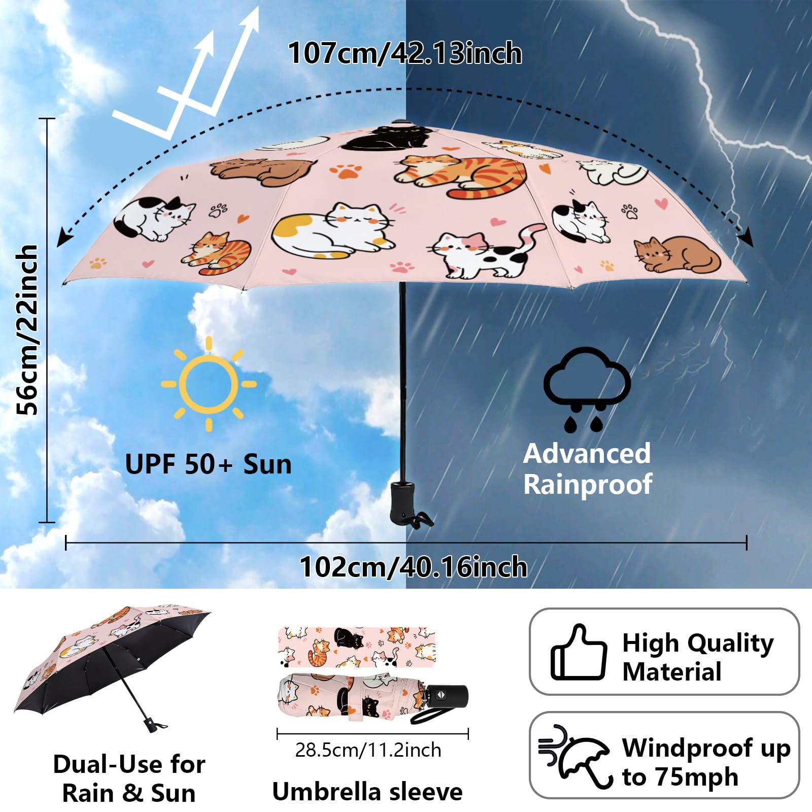 MAYJOYDIY Parapluie Automatique Parapluie Voyage Imperméable au Vent 107cm Ouverture pour Femmes Hommes Protection contre la Pluie et le Soleil
