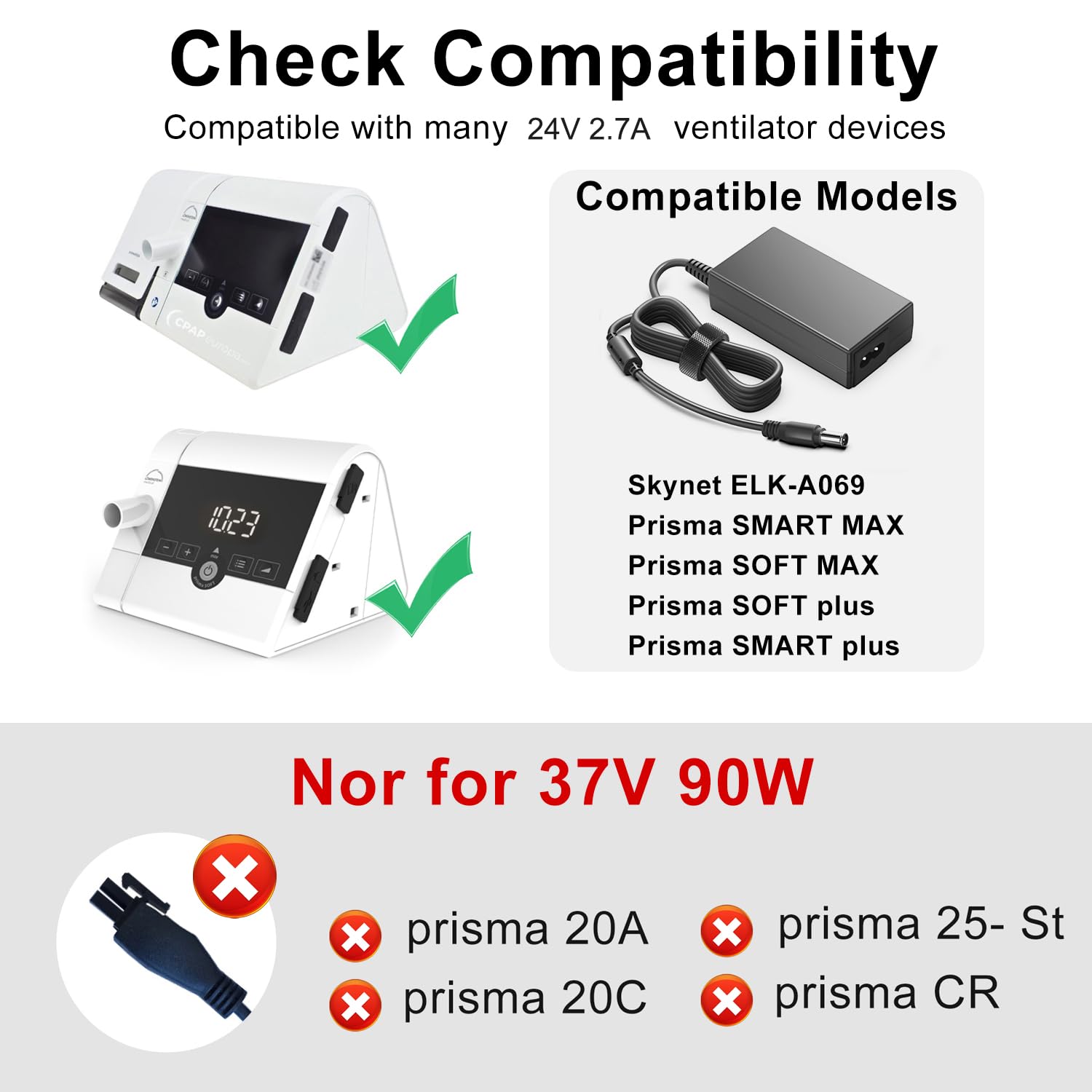 KFD Netzteil 24V 2,7A Ladegerät für Löwenstein Prisma SMART Plus/Max Prisma SOFT Plus/Max Medical Skynet ELK-A069 CPAP Schlafapnoegerät WEINMANN WM 24480 60W Adapter (PASST NICHT mit 37V 90W wm 29657)