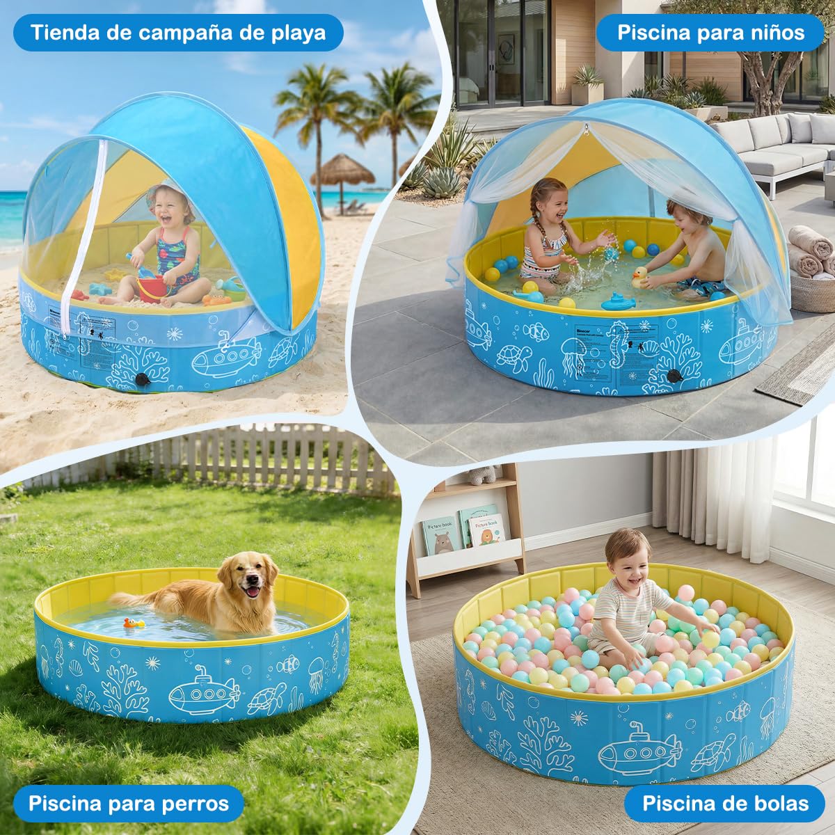 Piscina Plegable para niños con toldo y mosquitera, de Montaje rápido – 3-en-1 Piscina portátil para bebés con ventilación, Incl. Bolsa de Transporte para Playa, jardín, Camping y Viajes