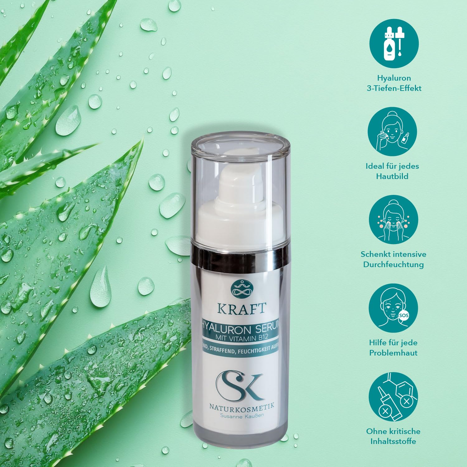 KRAFT Hyaluron Serum, 3-fach Hyaluronsäure mit Vitamin B12, Aloe Vera & Vitamin E | feuchtigkeitsspendendes Gesichtsserum, Anti-Aging Pflege, bei Rosacea, Made in Germany