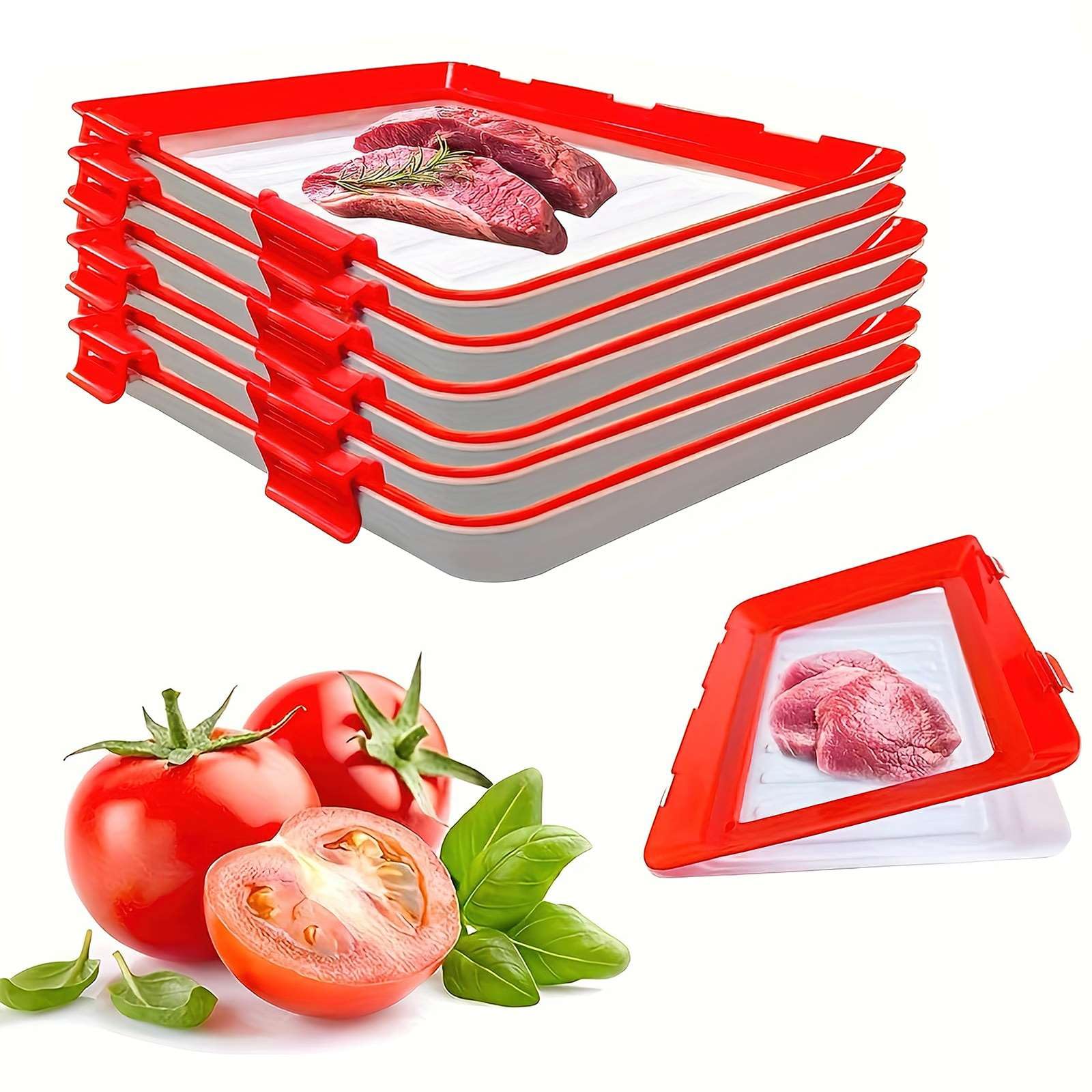 YSINOBEAR Vacuum Fresh Storage Tray,Reusable Creative Food Storage Container, 12x8.6 Stackable Food Preservation Tray with Elastic Lid with Buckle for Vegetable Fruit Meat Fish (6pcs)