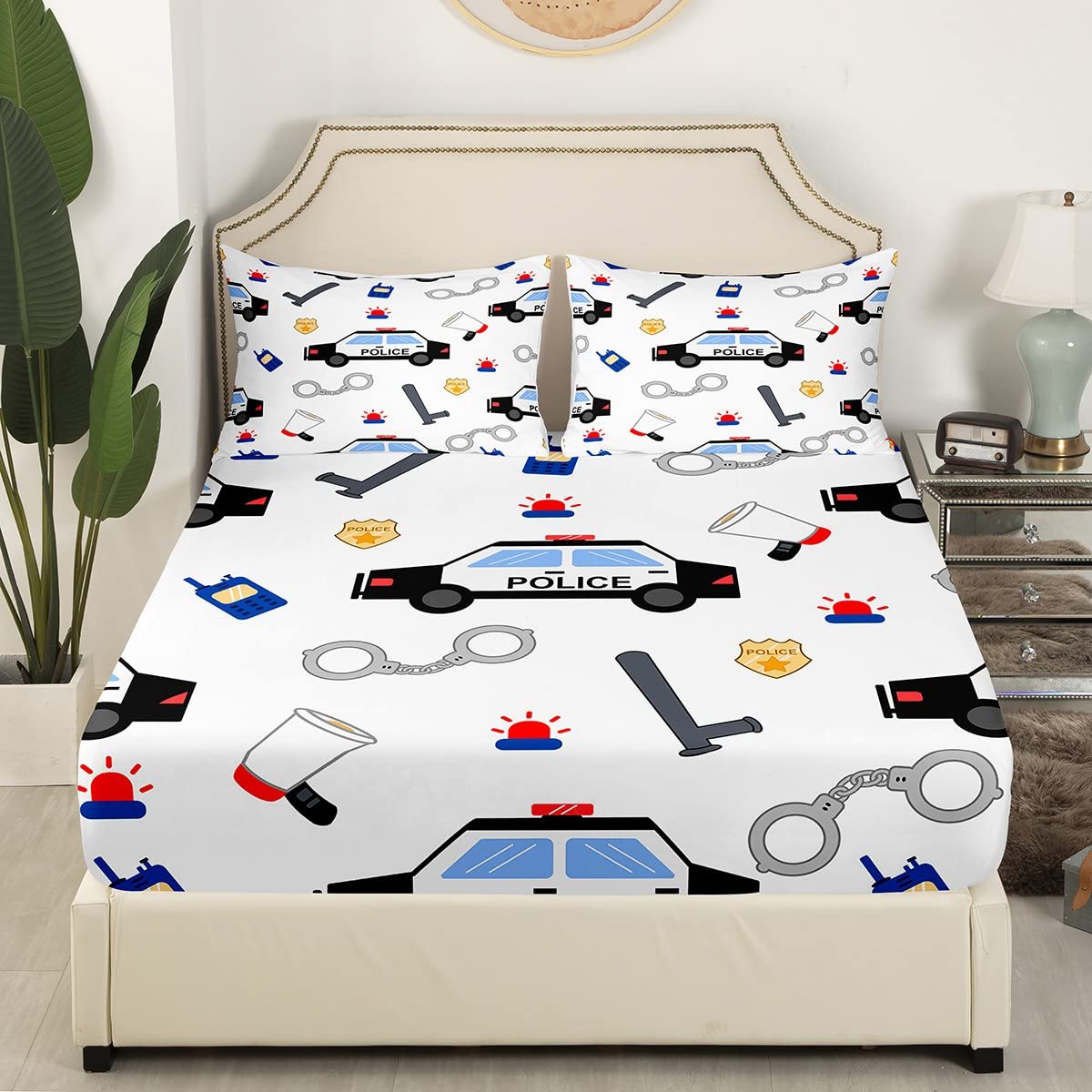 Feelyou Police Car Bed Sheet Set Policeman Vehicle Bedding Set Automobile White Fitted Sheet Cartoon Car Pattern Flat Sheet for Kids Boys Girls Adults 4Pcs with 2 Pillow Case Queen Size