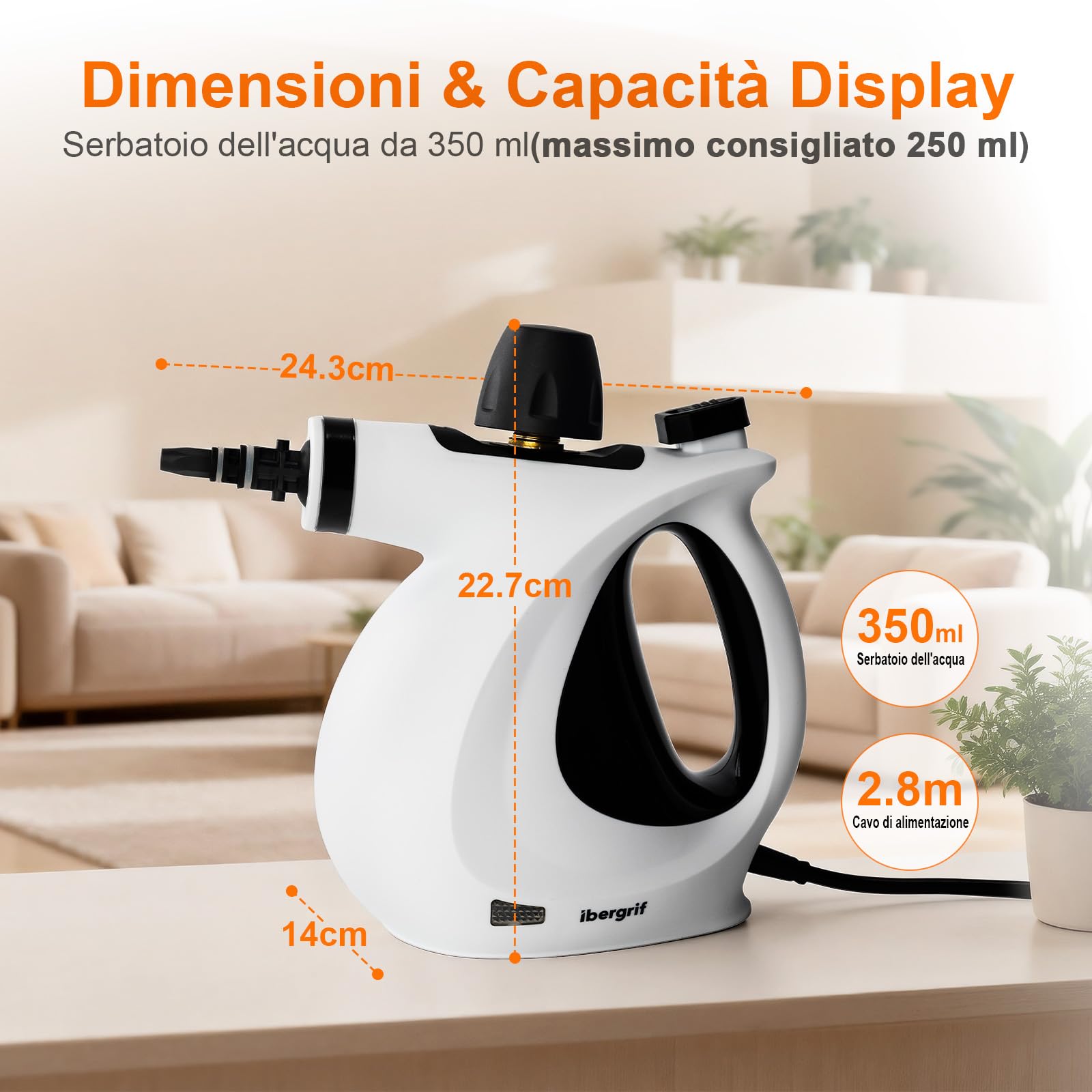Ibergrif Pulitore a Vapore Portatile, Pistola a Vapore 1050W con 9 Accessori, 3 Bar Alta Pressione, Soluzione Naturale Senza Additivi, per Divani, Cucina, Fughe e Vetri, 350ml, Bianco