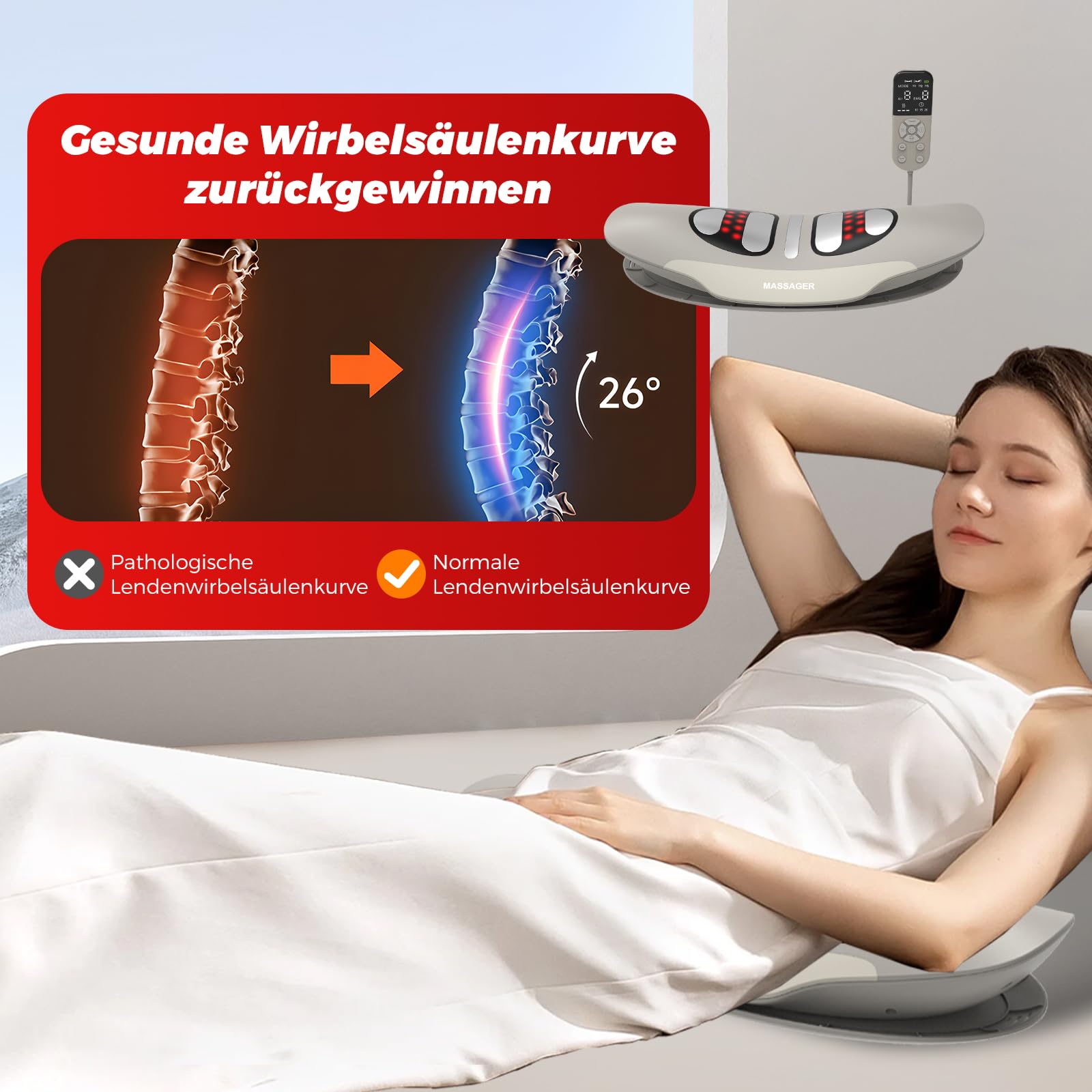 Lenden-Zugmassagegerät mit Wärme, Vibration, Krümmungsfunktion, Rückenmassagegerät mit Wärme & EMS-Impuls, Lendenwirbel-Zugmassagegerät mit Vibration, Luftkissen-Hub & Fernbedienung