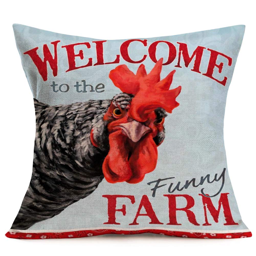 ShareJShareJ Farm Rooster Pillow Covers with Welcome to The Funny Farm Quote Print Pillow Cases 18 x 18 Inch for Farmhouse Décor Housewarming Gifts Cotton Linen Cushion Cover 18'' x 18''