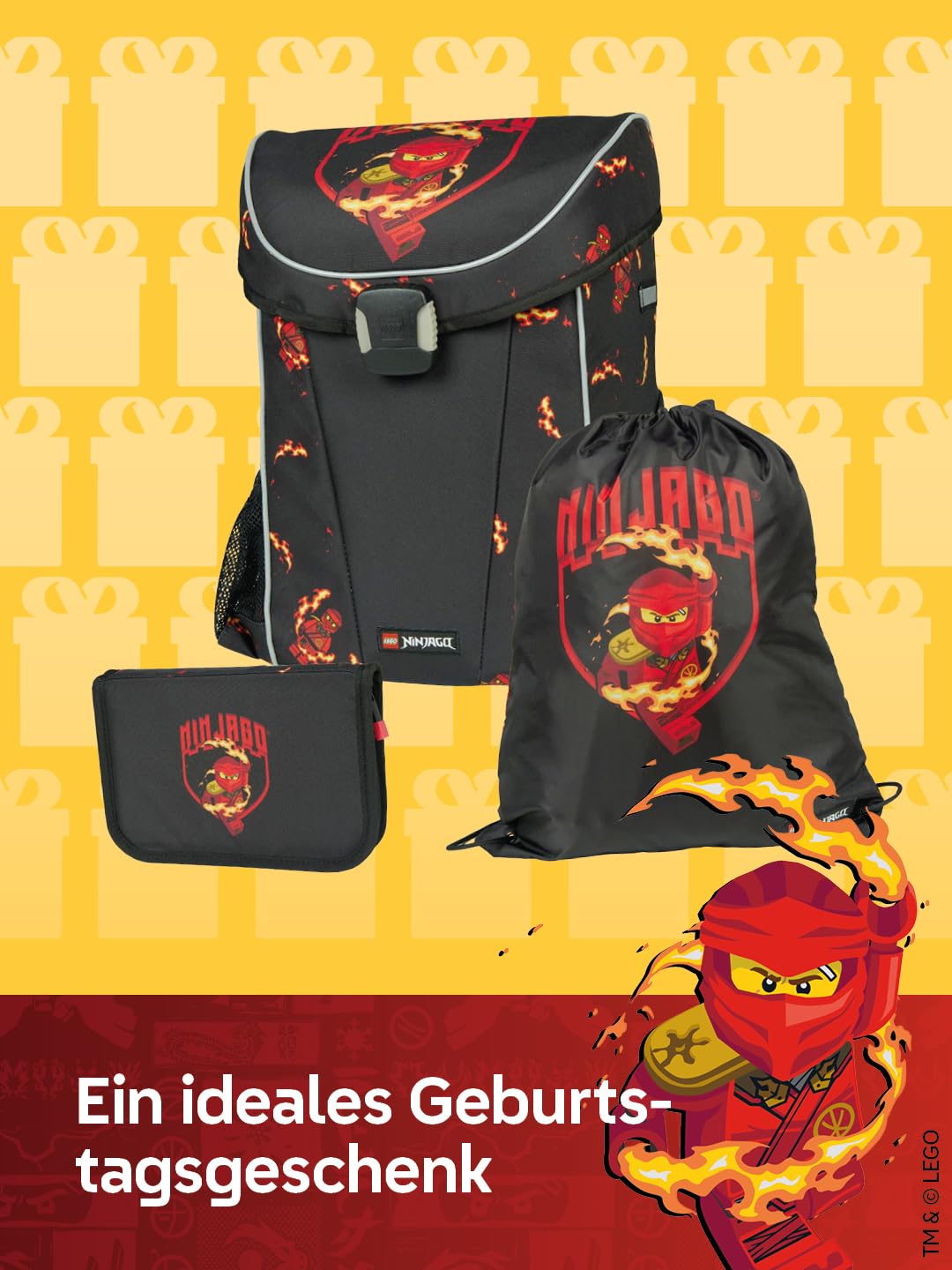 LEGO® NINJAGO® Schulranzen Jungen 1. Klasse Kai – 3-teiliges Easy Light Schulranzen Set mit Rucksack, Federmäppchen Junge & Turnbeutel – leicht & reflektierend