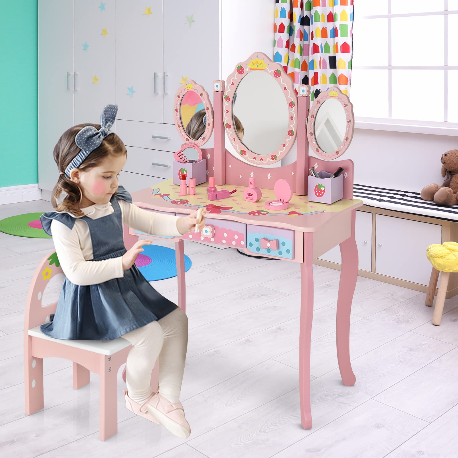 COSTWAY Tocador con Espejo Tripartido para Niños, Mesa de Maquillaje 3 Cajones 2 Cajas Taburete (Rosa)