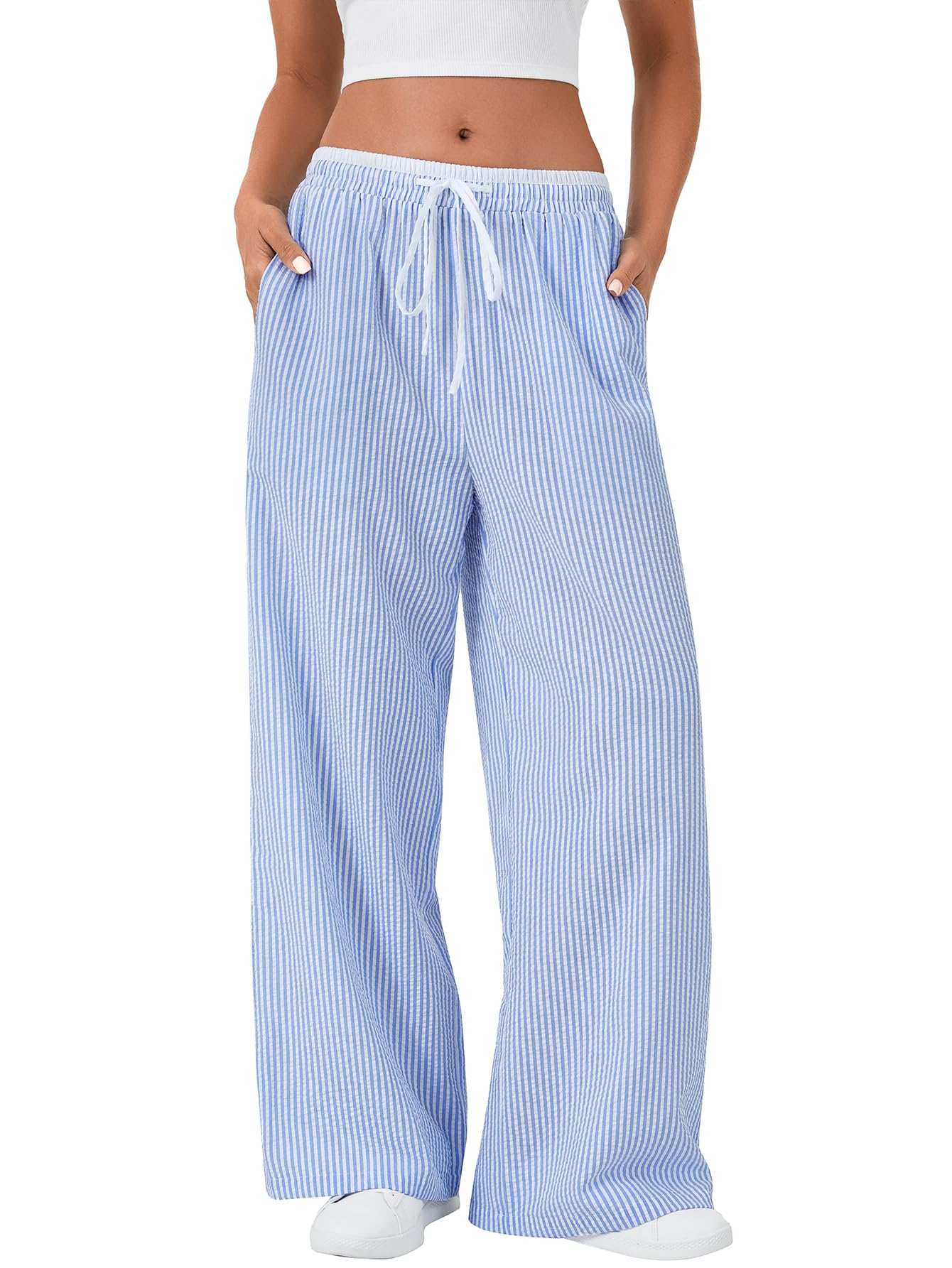 OPOIPIN Womens Striped Drawstring Pockets Elastic Waist Trendy Casual Wide Leg Pant