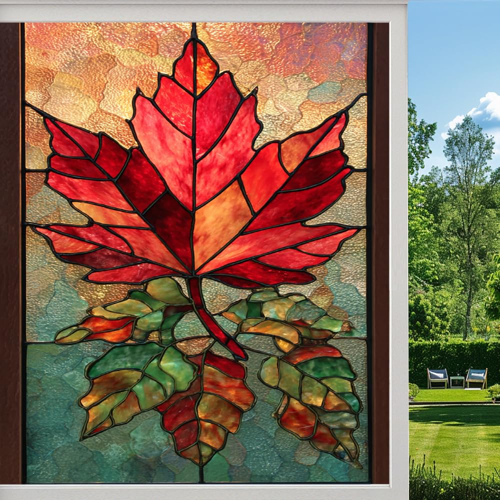 Rural Autumn Leaves Privacy Window Film, Colorful Maple Leaf Frosted Self-Adhesive Vinyl Cling for Glass Doors Bathroom Windows Sun Blocking Heat Control, （90x140cm）