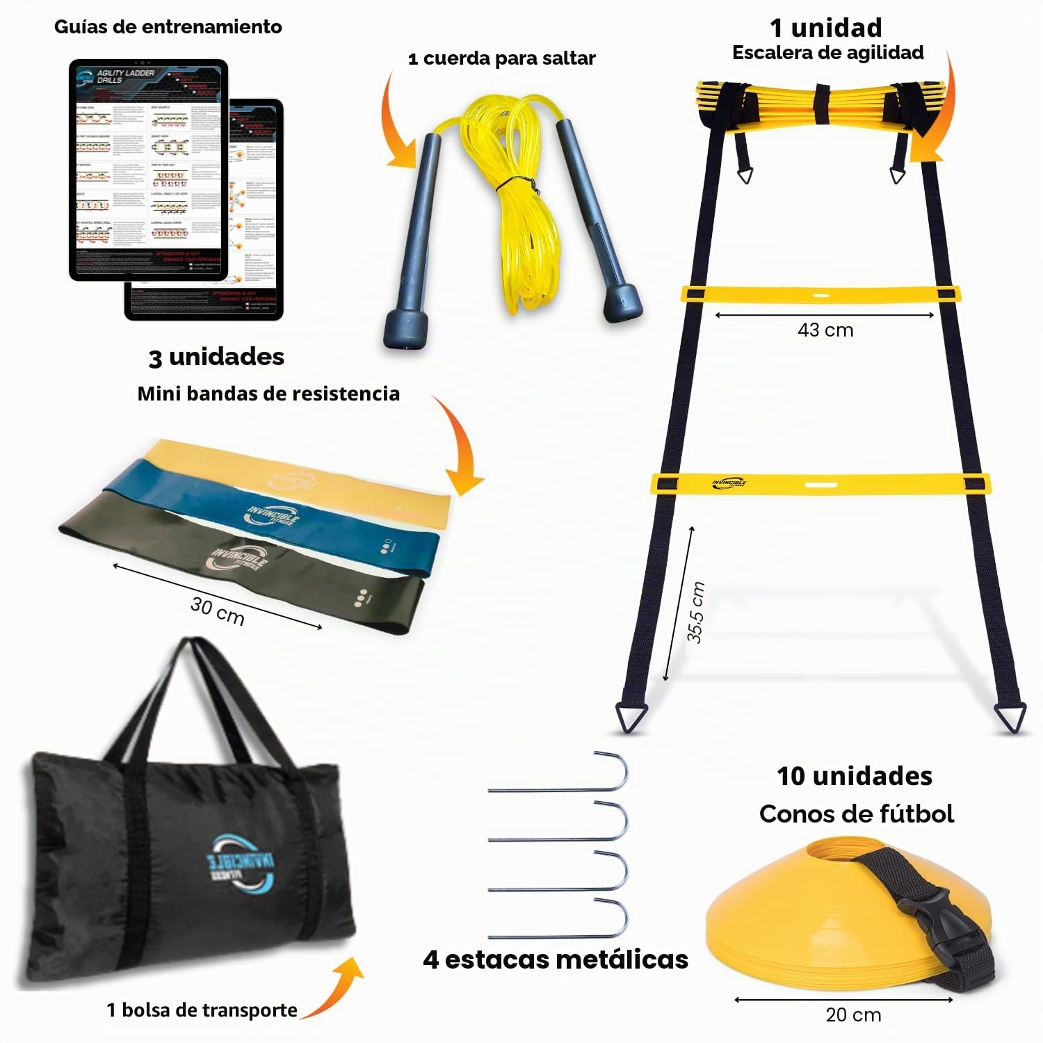 Escalera de Agilidad Set, 11 peldaños, Duradero Materiales, portátil Bolsa de Transporte, Incluye 4 piquetas de Metal + Bonus: 2,5 "Lacrosse Masaje Pelota, por Invencible Fitness