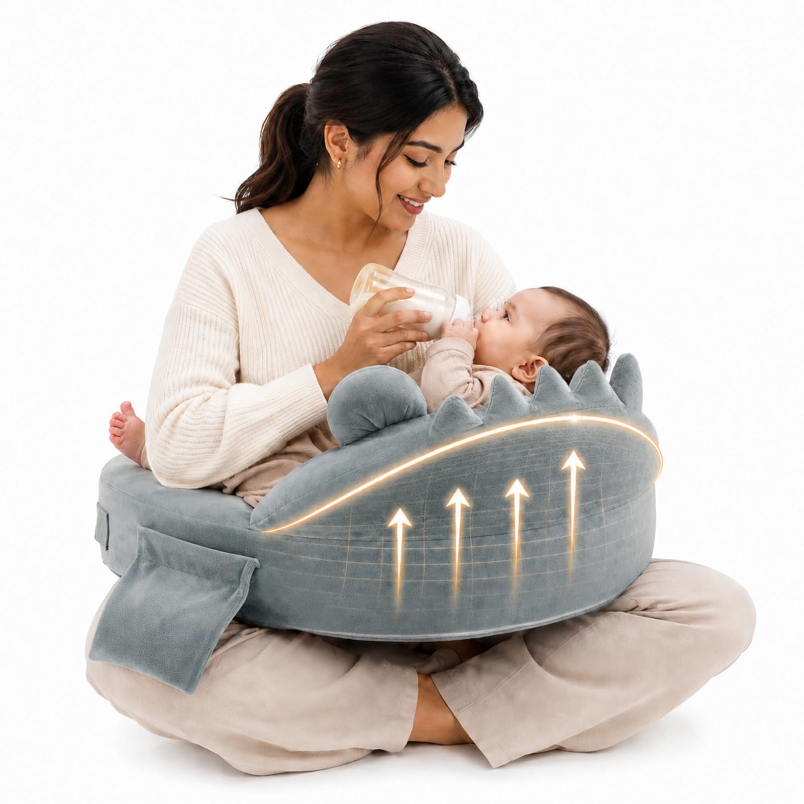 Cojín de lactancia, Almohada de Lactancia con Espuma Viscoelástica 45D, Superficie XXL 58×40cm, Correa Antideslizante Ajustable&Funda 100% Algodón Lavable, Cojín Ergonómico para Recién Nacidos (Gris)