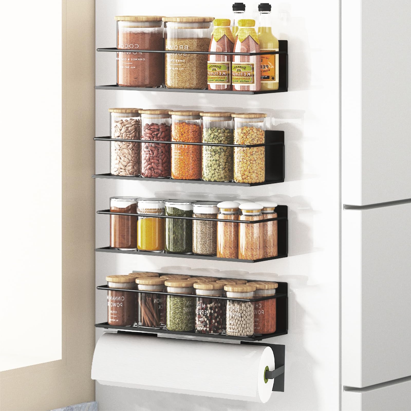 Magnetic Spice Rack For Refrigerator, Space Saving Magnetic Shelf For Fridge Matt Black 4 Pack With Magnetic Paper Towel Holder