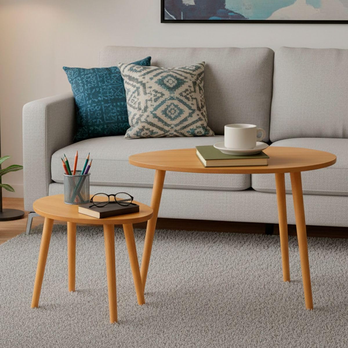 SELECTSHOP Set de 2 Mesas Minimalistas Ovaladas Mesa Auxiliar Lateral Mesita Moderna Minimalista para Sala De Estar Dormitorio Balcón Mesa de Centro Mesita De Noche Grande (Café)