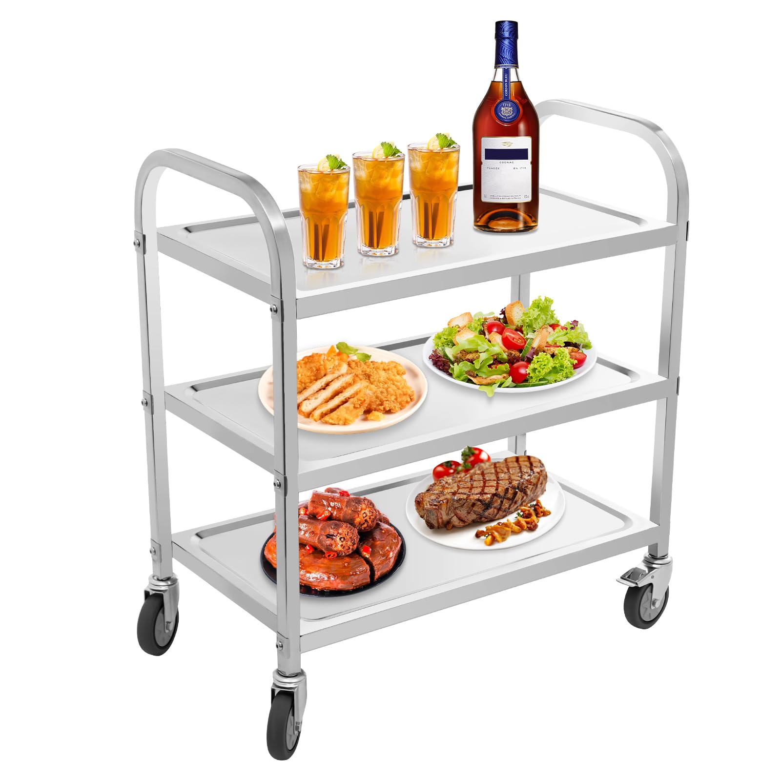 Carrello da portata a 3 piani in acciaio inox, 85 x 45 x 90 cm, carrello da cucina con 4 ruote girevoli a 360°, carrello multiuso sottile per ristoranti cucine o hotel (72 x 40,5 x 15,5 cm)