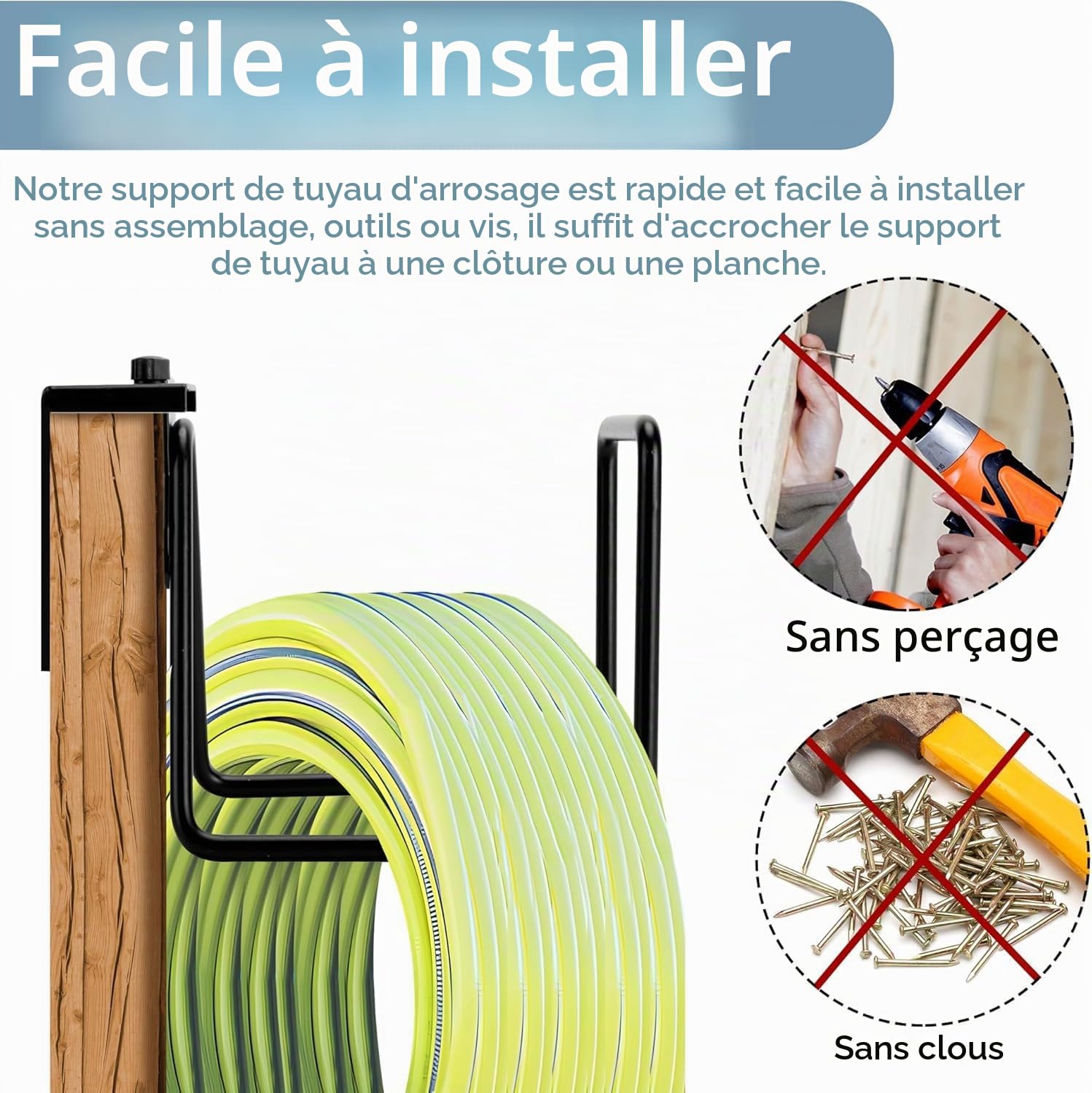 Lot de 2 supports de tuyau d'arrosage en métal - Support mural robuste pour montage mural - Enrouleur de tuyau réglable pour tuyaux d'eau - Rallonge de rangement