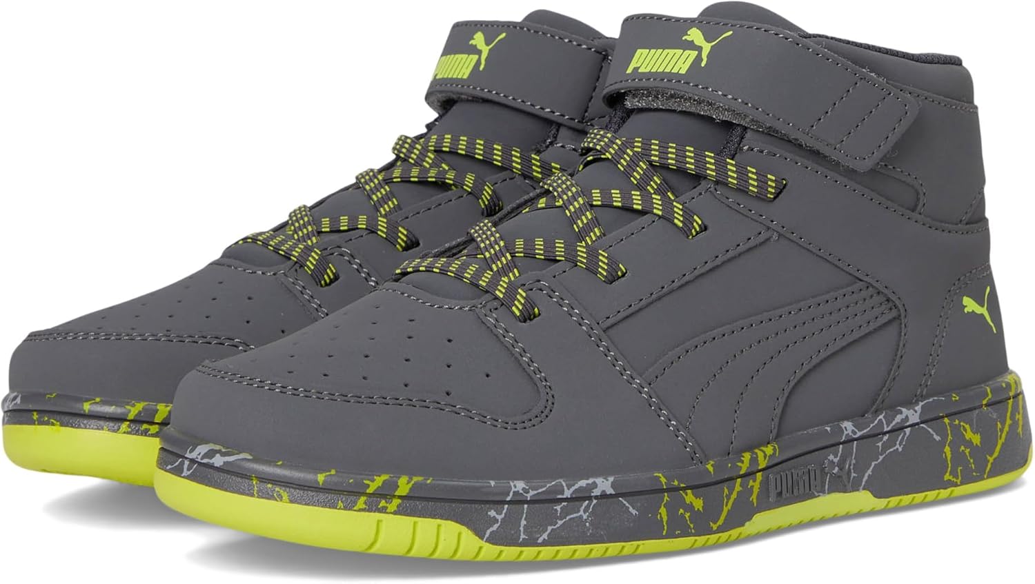 PUMA Rebound Layup Mid Hook and Loop Sneaker, Strong Gray-Strong Gray-Lime Smash, 10.5 US Unisex Little Kid