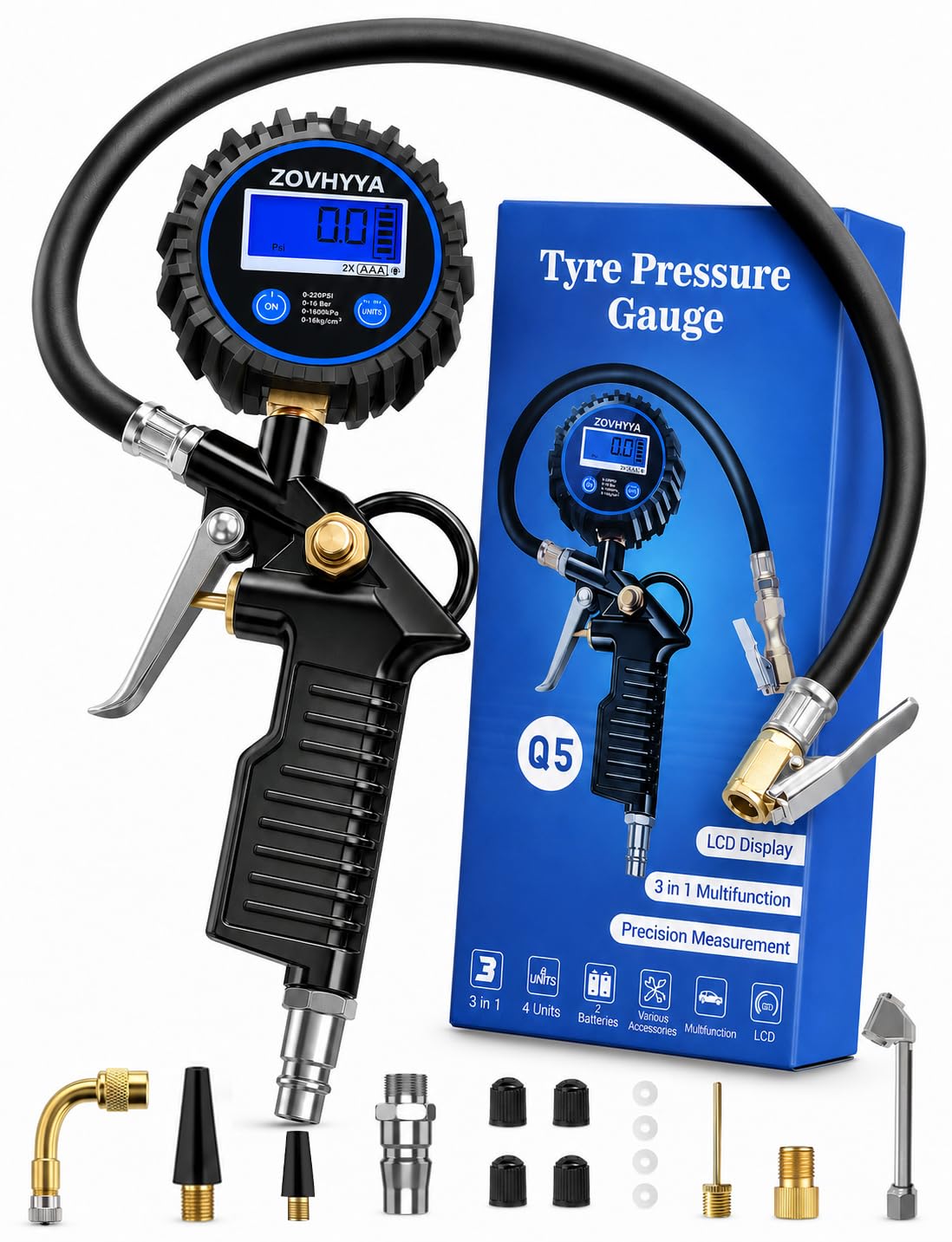 Manometro Pressione Gomme Professionale 220PSI Manometri per Pneumatici Pistola Gonfiaggio Pneumatici con 4 Tappi Valvola 2 Ugelli 1 Valvola Francese 1 Stelo di Prolunga in Metallo 90 Gradi