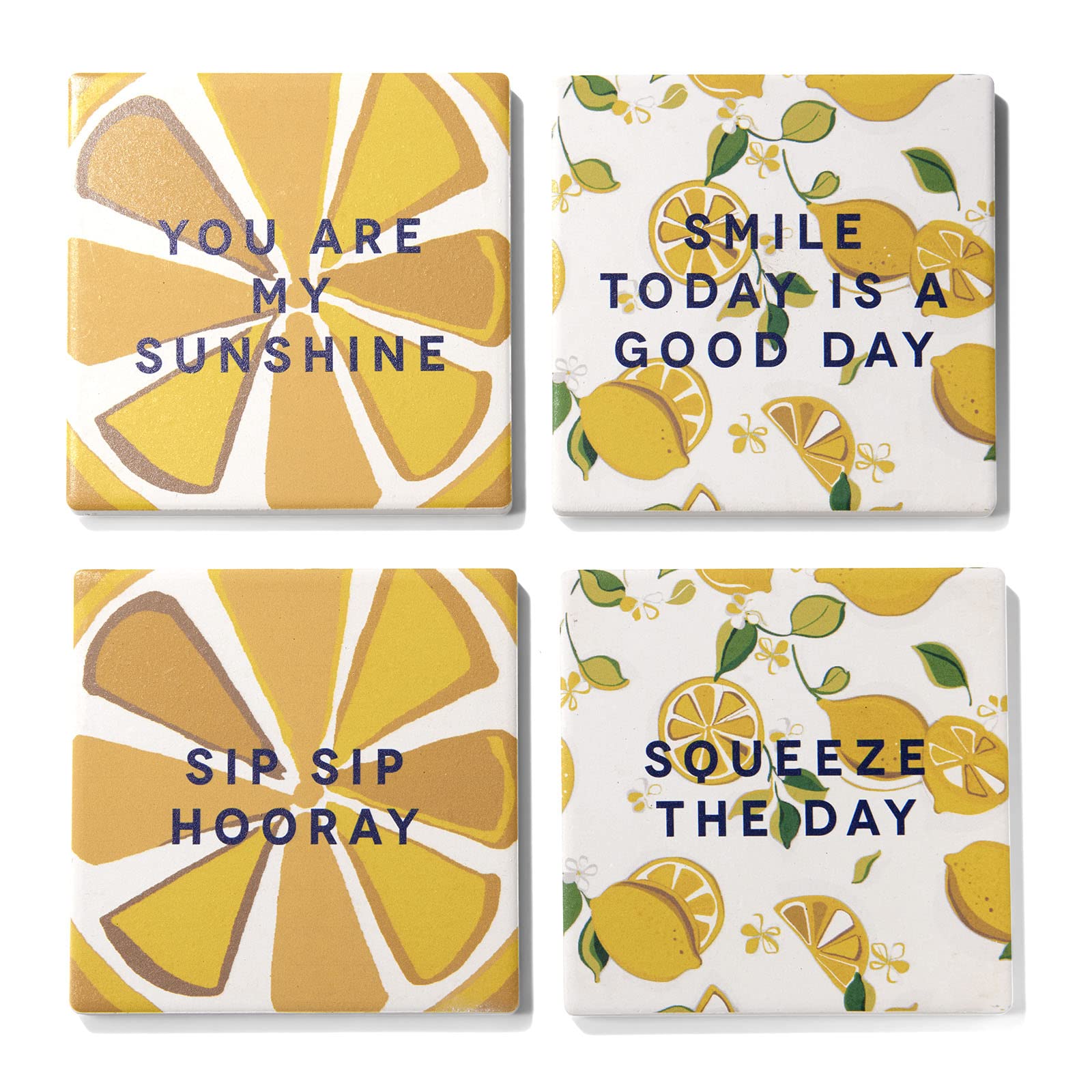 Trina Turk Ceramic Drink Set of 4 Absorbent Beverage Coasters with Elevated Rim & Fun Phrases, 4"x4", Squeeze the Day