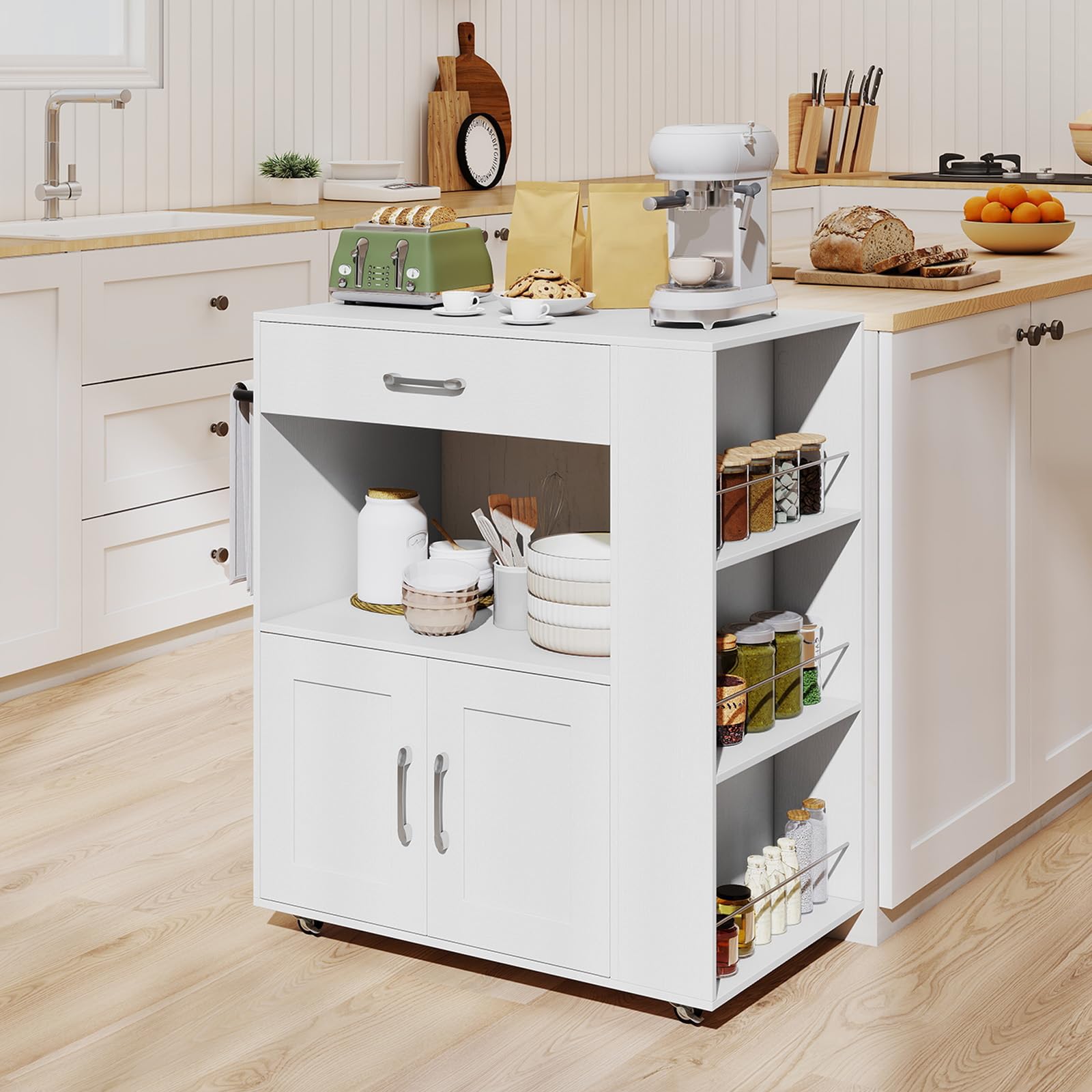 COSTWAY Desserte de Cuisine sur roulettes (2 Verrouillables), îlot de Cuisine avec 3 Support à Épices, Chariot de Service Armoire 1 Tiroir Étagère Ouverte, 46 x 75 x 90,5 cm (Blanc Pur)