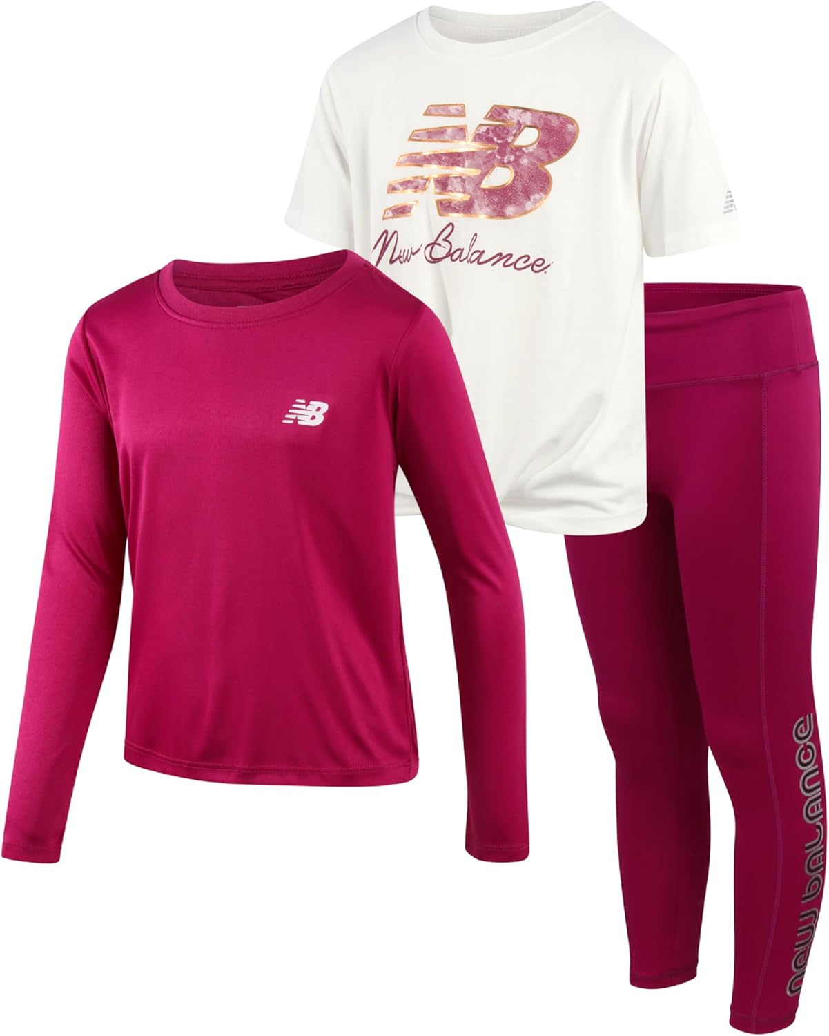 New Balance Active Girls Legging Set - 3 Piece Athletic Short Sleeve Shirt, Long Sleeve Shirt & Leggings Set Kids Activewear