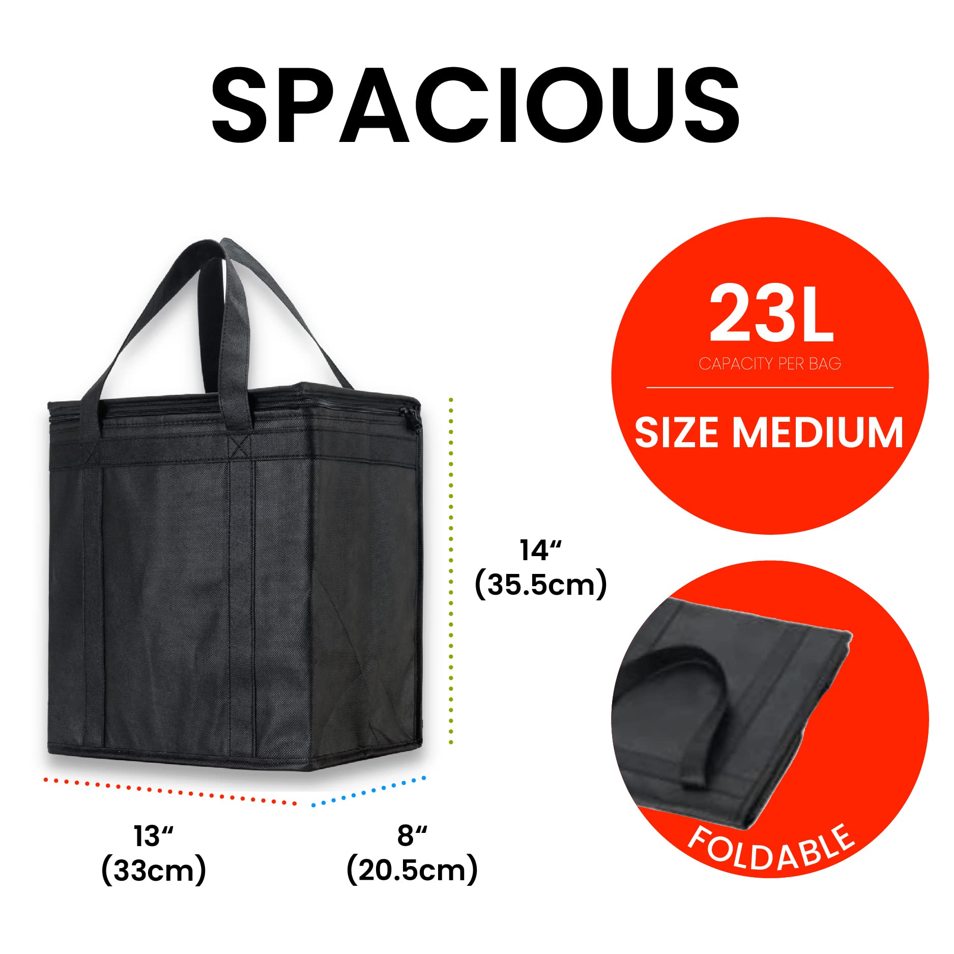 NZ home Insulated Cooler Bag and Food Warmer (Medium, 2 pack) for Food Delivery & Grocery Shopping with Zippered Top, Black