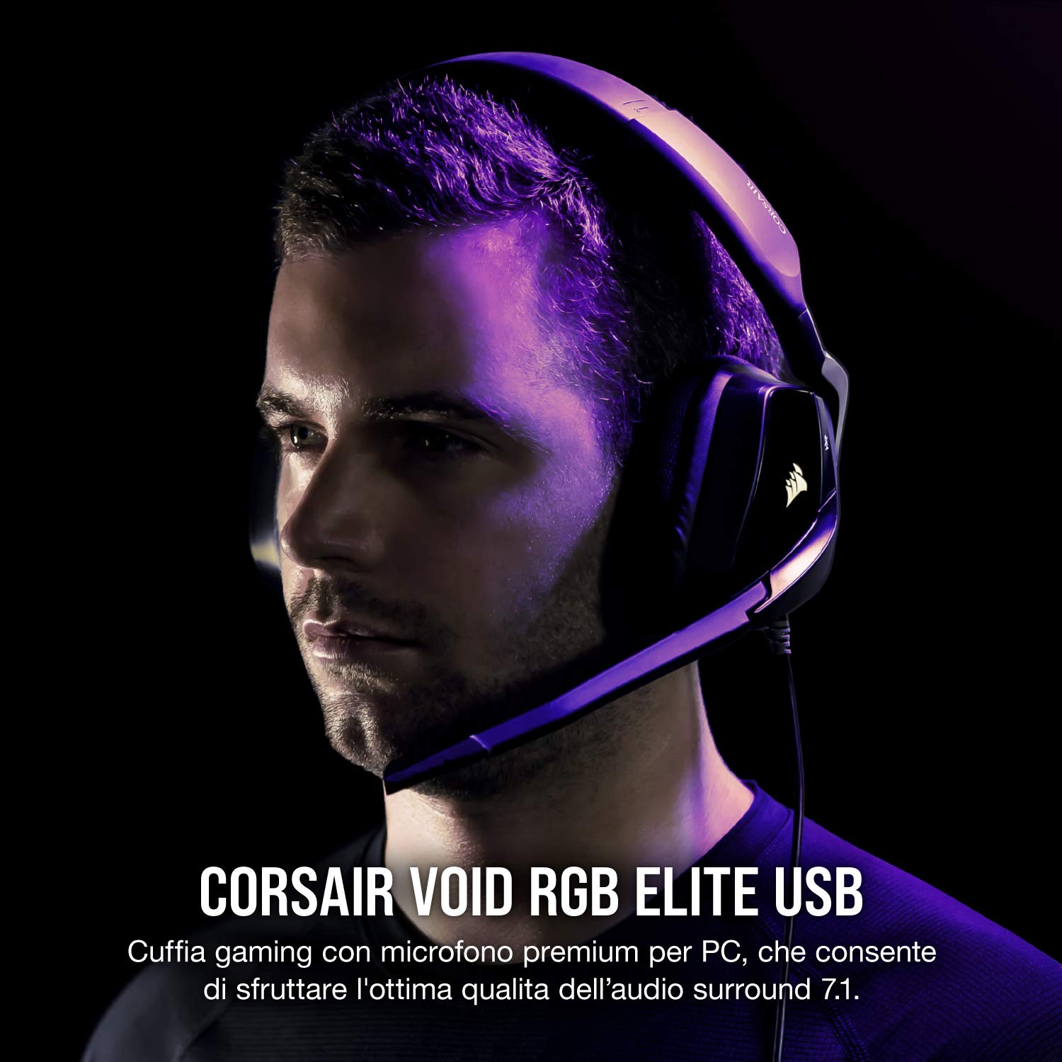 Corsair VOID ELITE USB Cuffie Gaming con Microfono Omnidirezionale Ottimizzato, Audio 7.1, Personalizzabili Illuminazione, Microfibra Tessuto Padiglioni, Nero