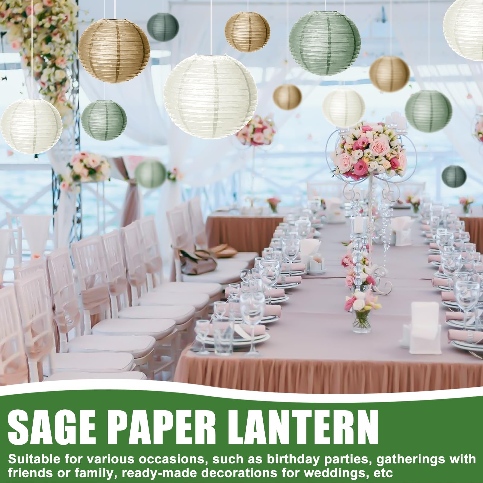 Lot De 15 Lanternes Rondes En Papier - Vert Et Doré - Pour