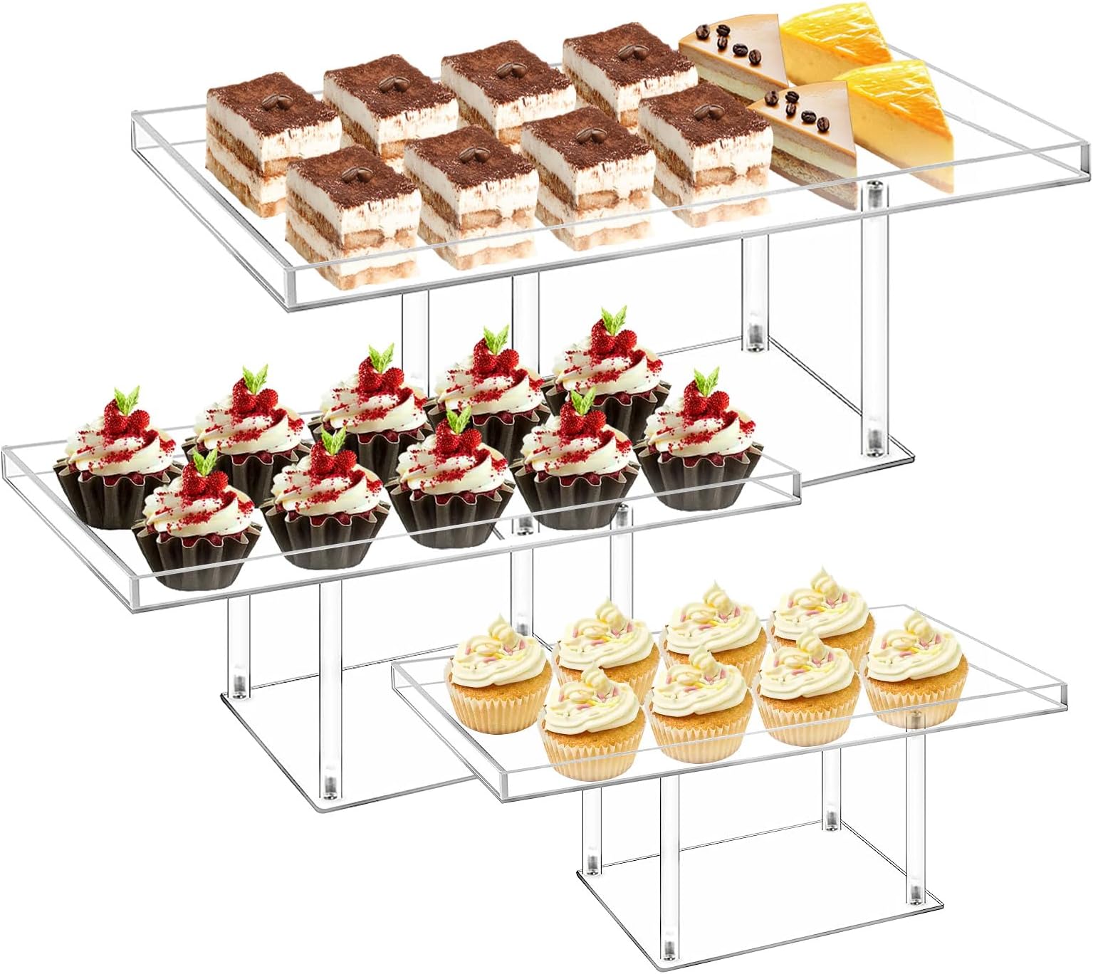 3 Pack Acrylic Dessert Table Display Set, Clear Buffet Dessert Stands Risers for Cupcakes Cookie Cake Pastry Food Serving Tray for Party Wedding Birthday Party