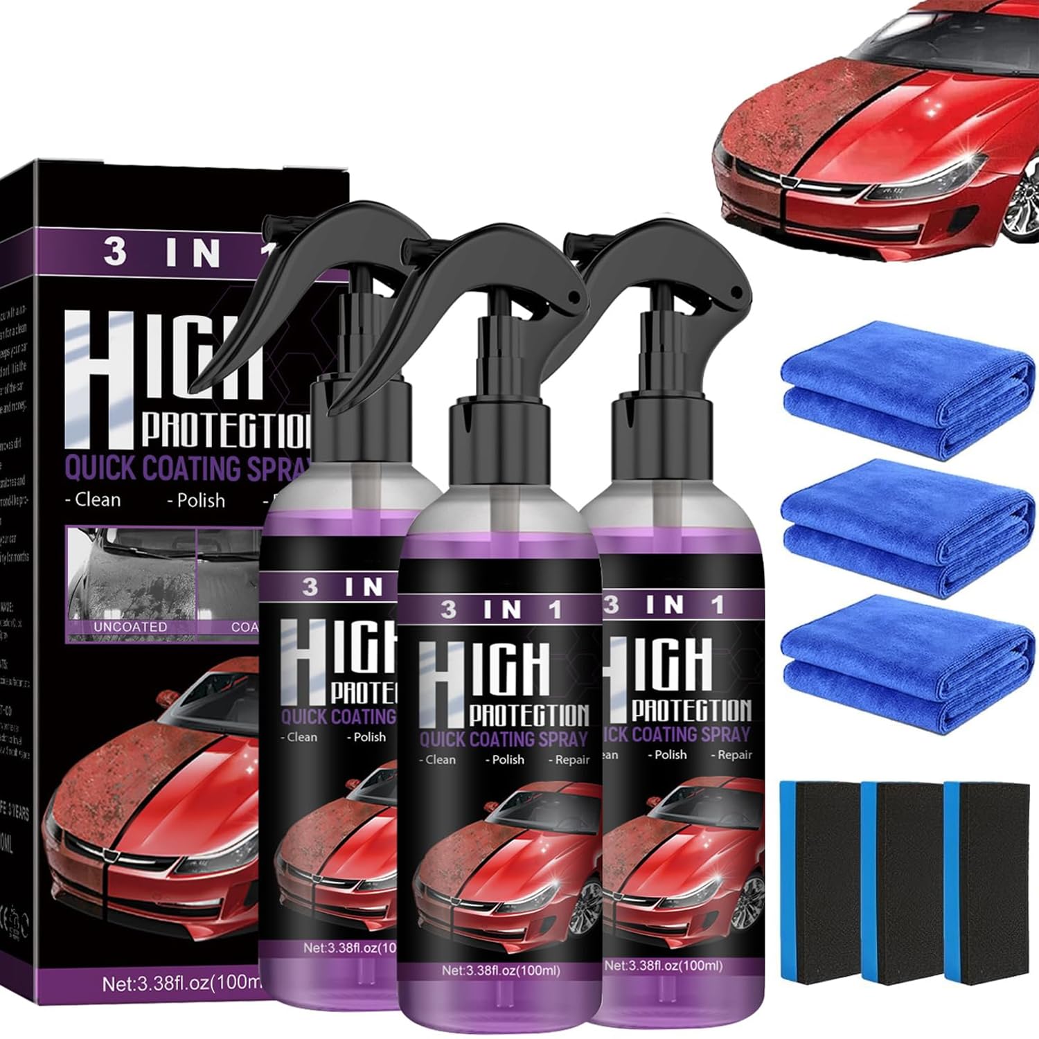 3Pcs Car Coating Spray, High Protection 3 in 1 Spray, 3 in 1 High Protection Quick Car Ceramic Coating Spray, 3-in-1 High Protection Car Spray, 3in1 High Protection Car Coating Spray