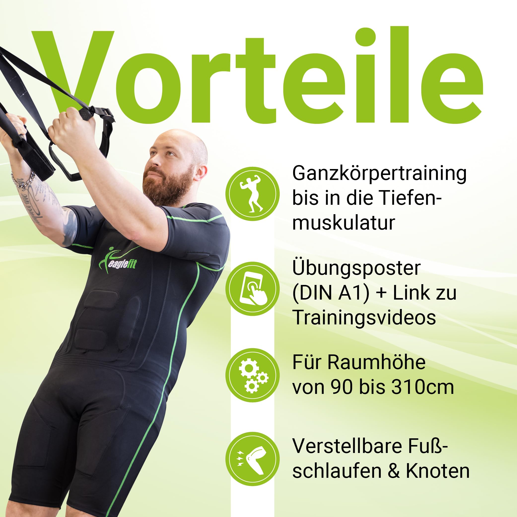 eaglefit - Premium Sling Trainer „Allround“ - Schlingentrainer für Zuhause & Outdoor inkl. Türanker, Umlenkrolle, Deckenhalterung & Zubehör für Krafttraining & Muskelaufbau - Verstellbar 90-310 cm