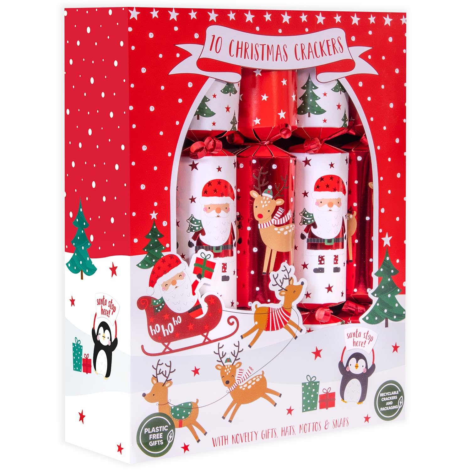Harvey & Mason Red 10 Festive Family Santa Christmas Crackers - Reindeer Tree Novelty Kids Game, Xmas Dinner Party Celebration