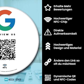 MESSAGENES Aufkleber Google mit QR und NFC Schilder Bewertung NFC und QR Code 1 Runde Einheit Google Review Bewertungen in 1 Klick Erhöht Bewertungen in Google Ihrer Business