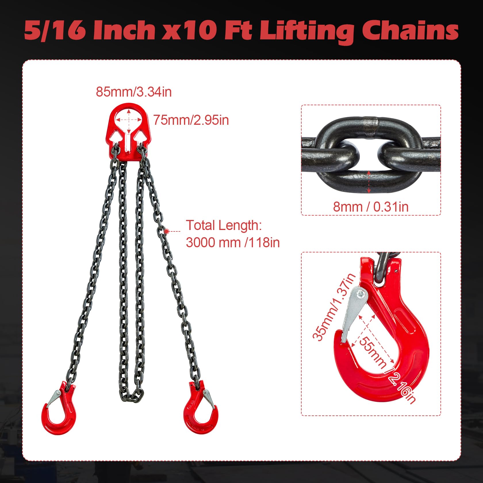 Pindex Sangle de chaîne G80 de 1,6 cm x 3 m, 3,18 tonnes, avec crochets de réglage, longueur et angle réglables pour un remorquage sûr