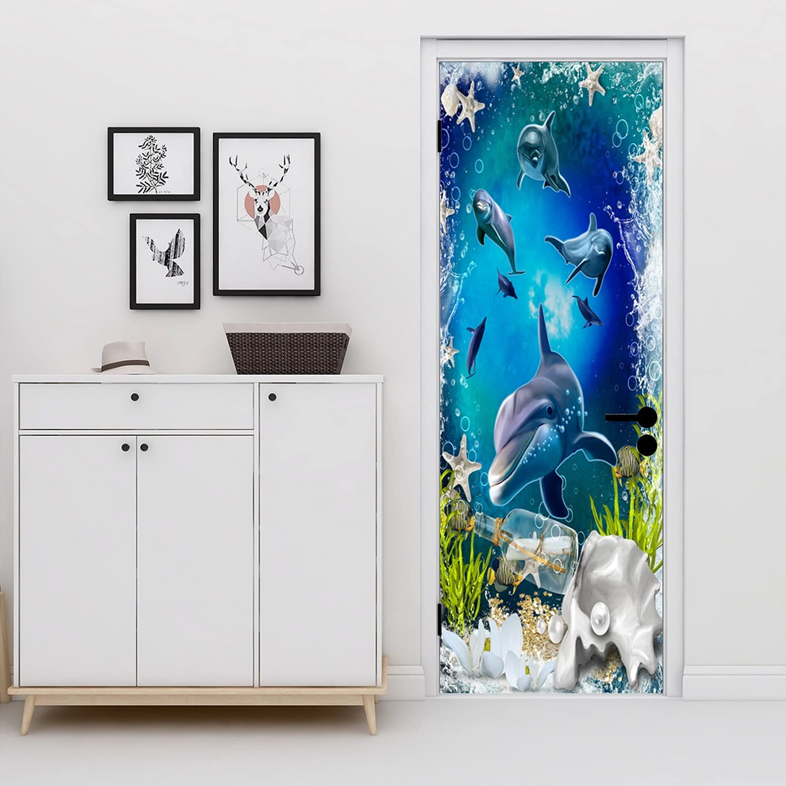 A.Monamour Türtapete Unterwasserwelt - 3D Delfine & Fische Selbstklebend 77x200cm