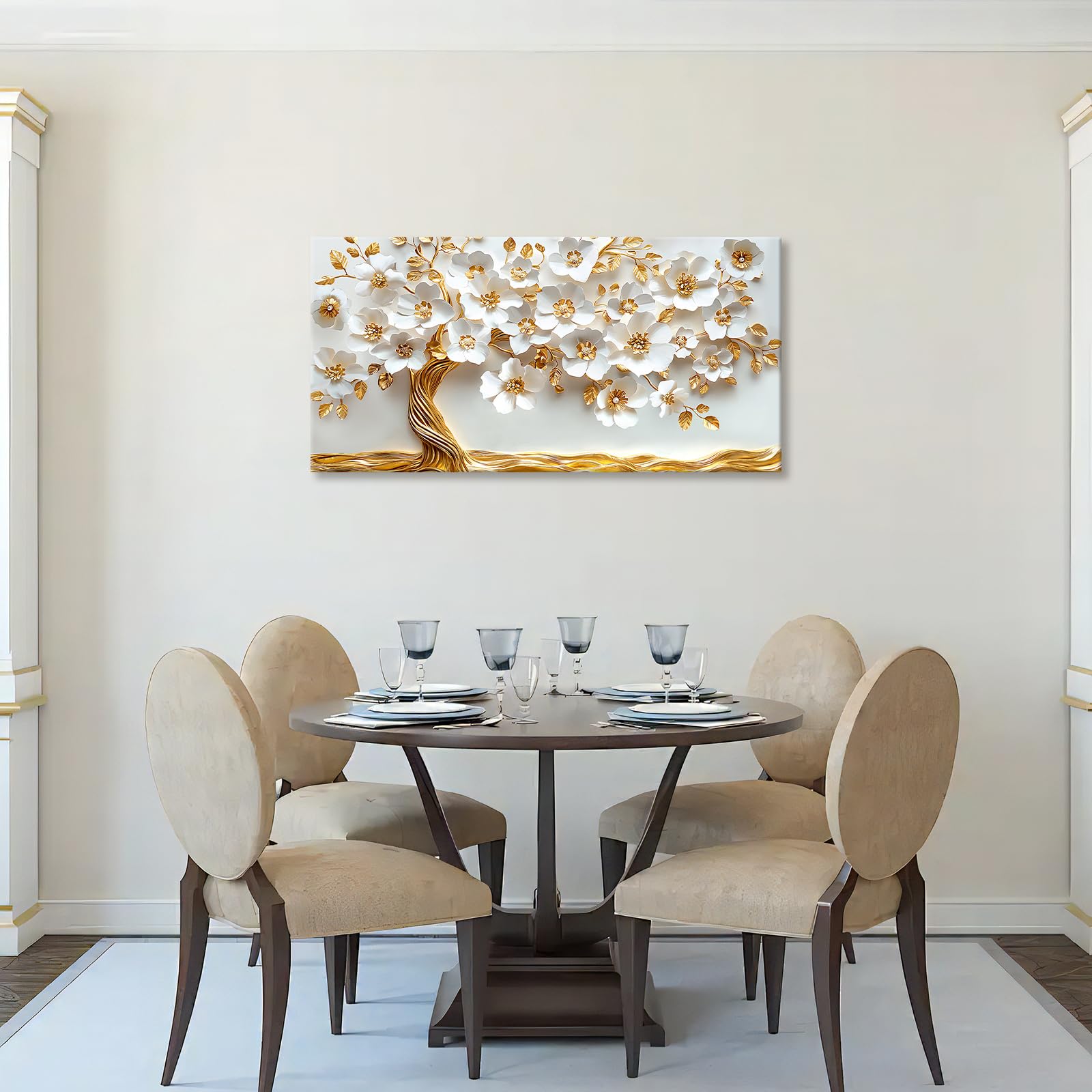 Grande Stampa su tela con Cornice Bianco Oro Floreale Albero Pittura Albero della vita con Foglie d'oro Quadri su tela Quadri Moderni Poster Stampe da Parete Soggiorno Camera da Letto 50x100cm