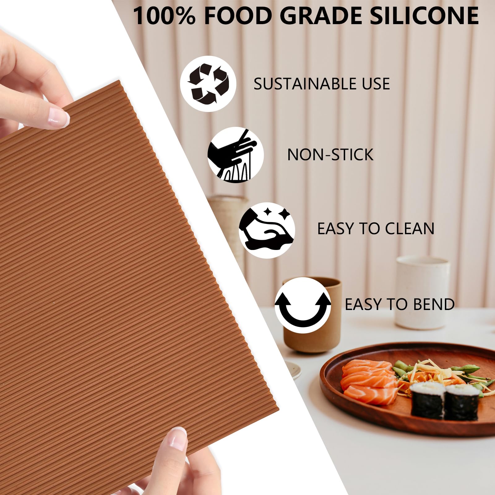2 Tappetini In Silicone Per Sushi - Antiaderenti, Riutilizzabili, Grigio E Caffè - Foto 5