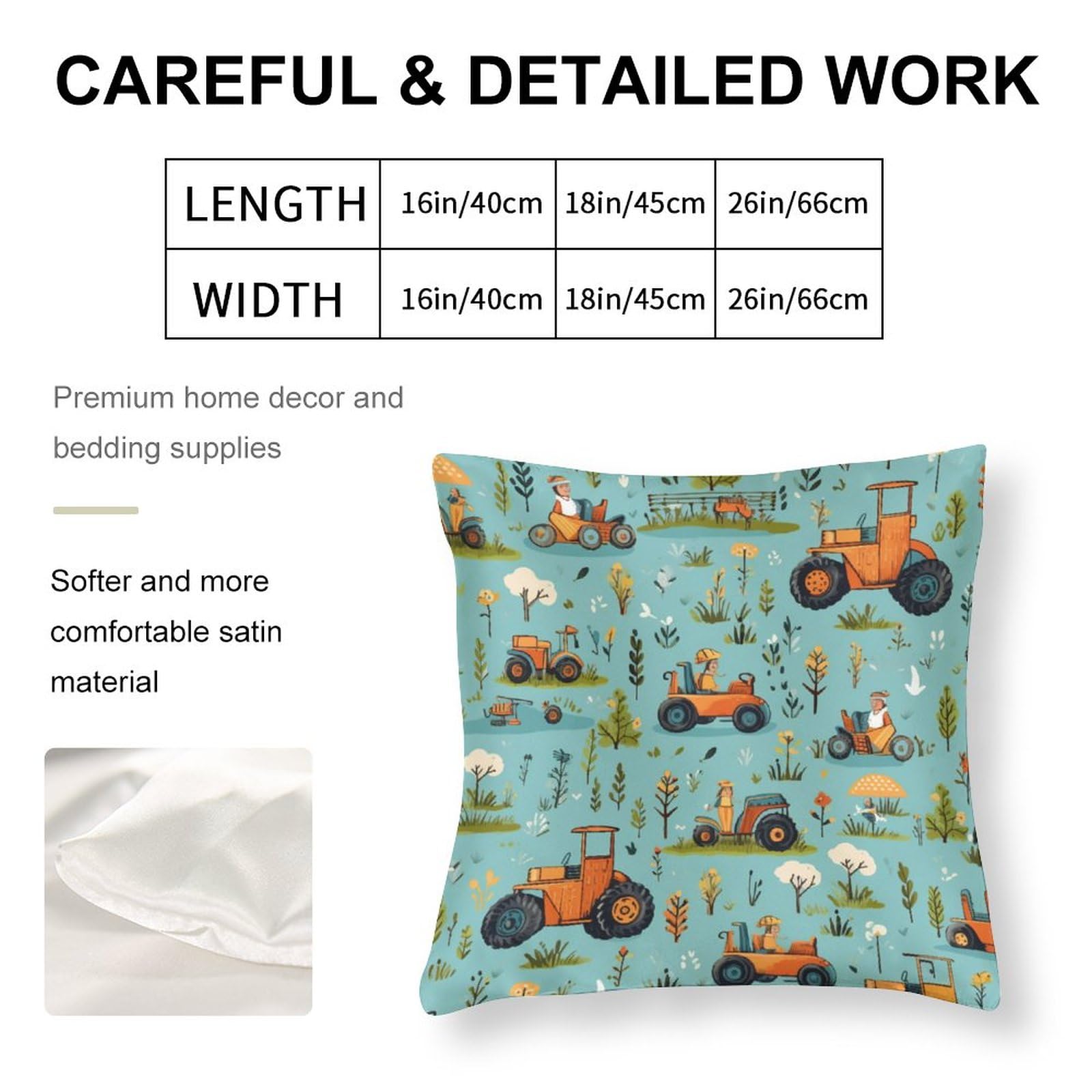 HighonHi Satin Cushion Covers Cartoon Farm Tractor Throw Pillow Cover Square Construction Car Harvester Tractor Cooling Pillow Cases Zippered Decor for Sofa Couch 26