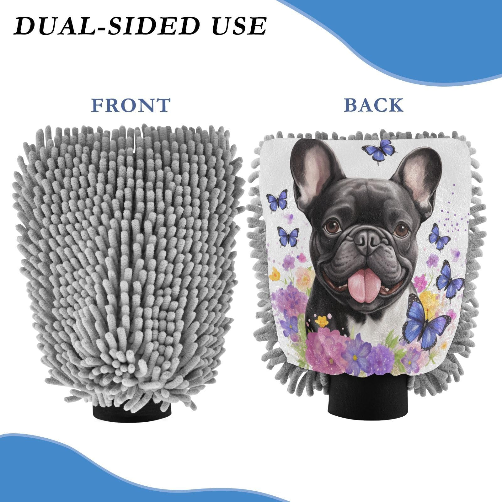 ALAZA Bulldog Puppy Butterfly Car Wash Mitt Scratch Free, 2 Pack Absorbent Microfiber/Chenille Washing & Drying Mitts, M