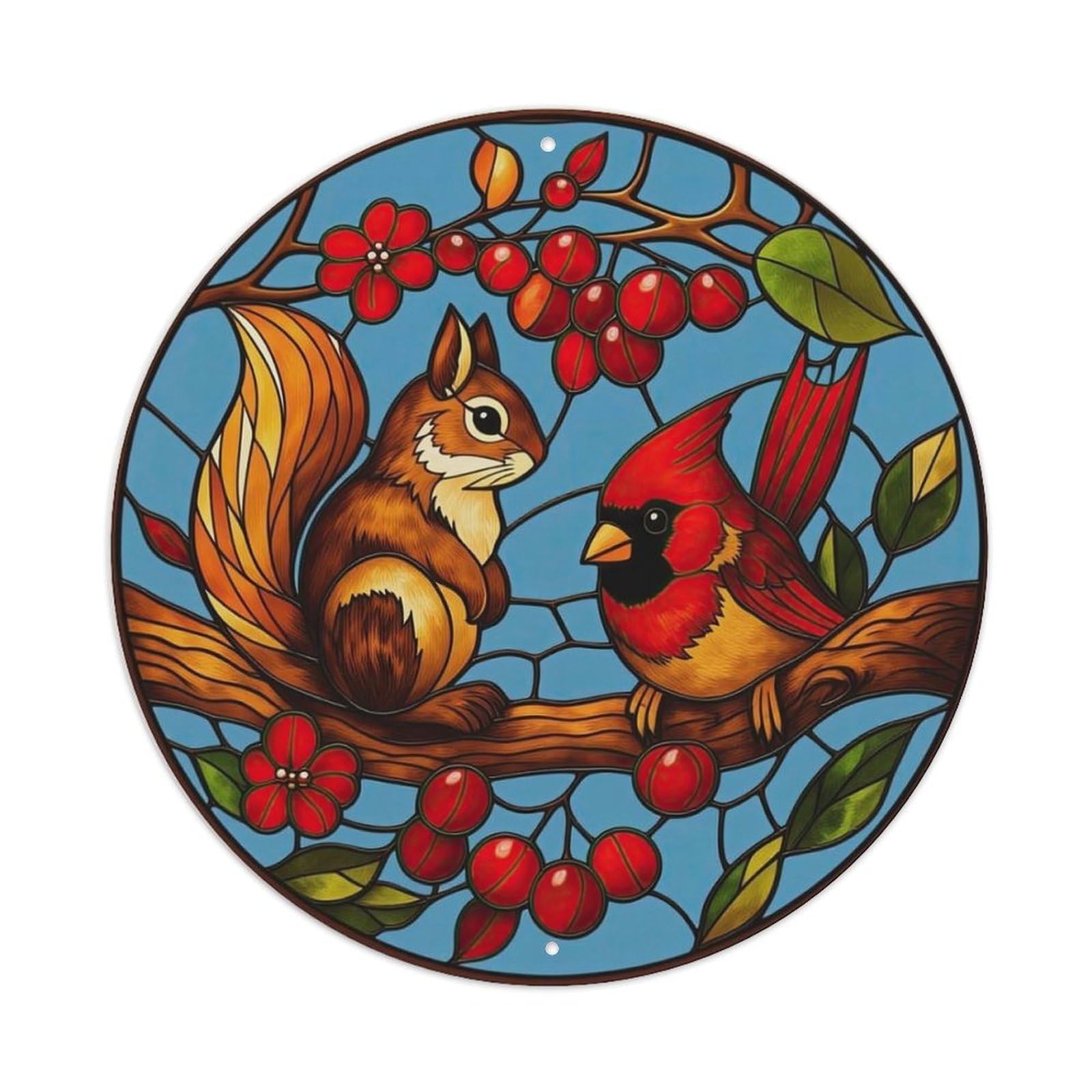 Squirrel Cardinal Berries Flowers Branch Metal Tin Sign