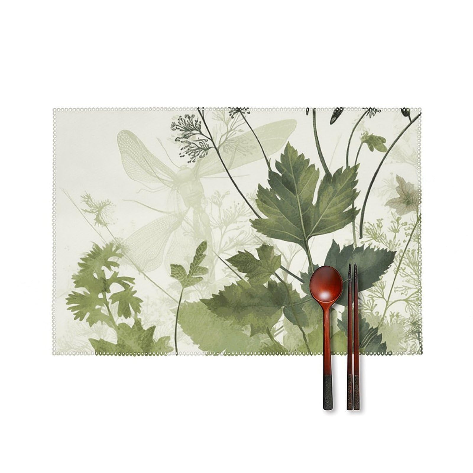 Foliage and Herbs with Dragonflies Winged Placemats Washable Not Fade Placemats Practical Heat Resistant Place Mats for Outdoor Patio Table Mats Kitchen Dining Party Decoration
