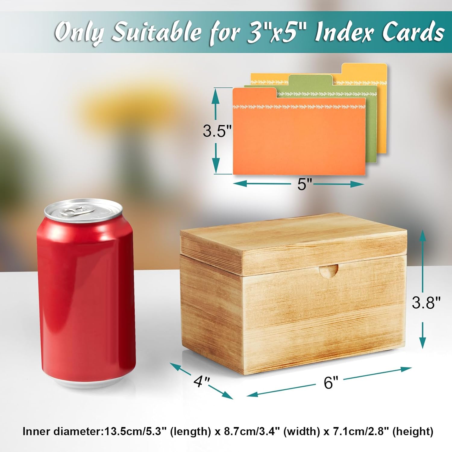 DRASTAR Index Card Holder, 3x5 Index Card Box, Wooden Index Card Organizer with 45 Dividers, Flashcard Notecard Holders for Home Office, Brown