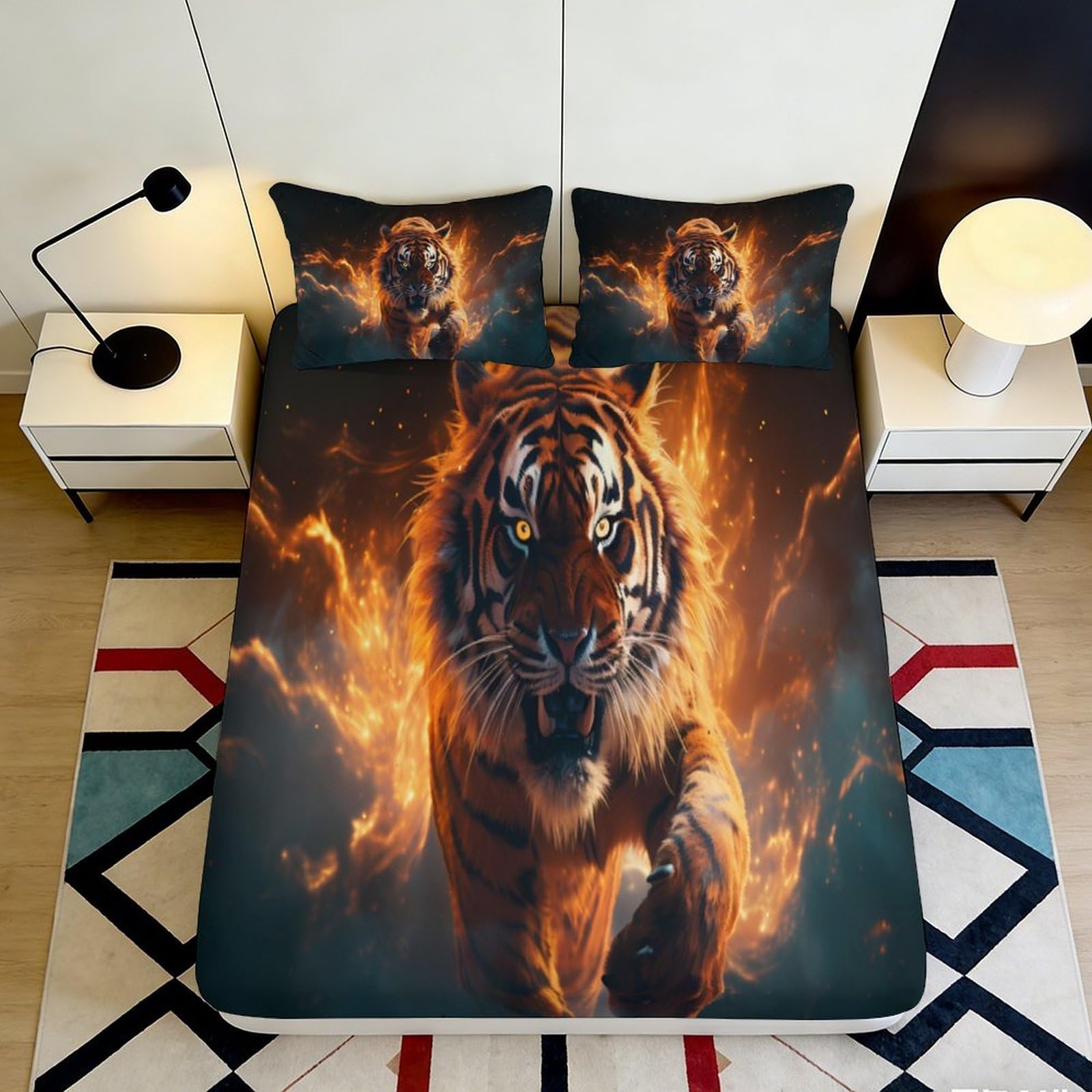 3D Printed Fiery Tiger Fitted Sheet Microfiber Soft Durable Flaming Tiger Bed Sheet for Bedroom Dormitory Guest Room Mattress Cover Protection 120x200x25cm