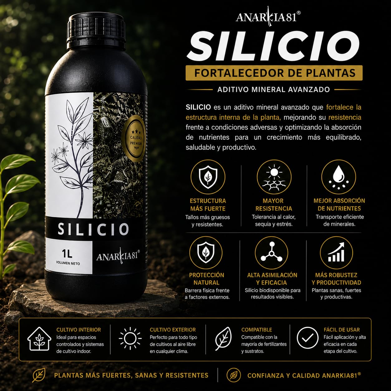 SILICIO 500 ml – Fortalecedor de Plantas con Silicio Aditivo Mineral para Tallos Fuertes Resistencia al Calor y Estrés Cultivo Interior y Exterior - Anarkia81