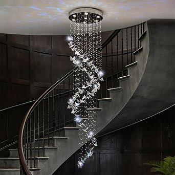 Long Chandeliers for High Ceiling, Modern Butterfly Crystal Chandeliers for Foyer Stairway Entryway, Hanging Flush Mount Chandelier Ceiling Light Fixtures, High Ceiling Chandelier for Staircase Entry