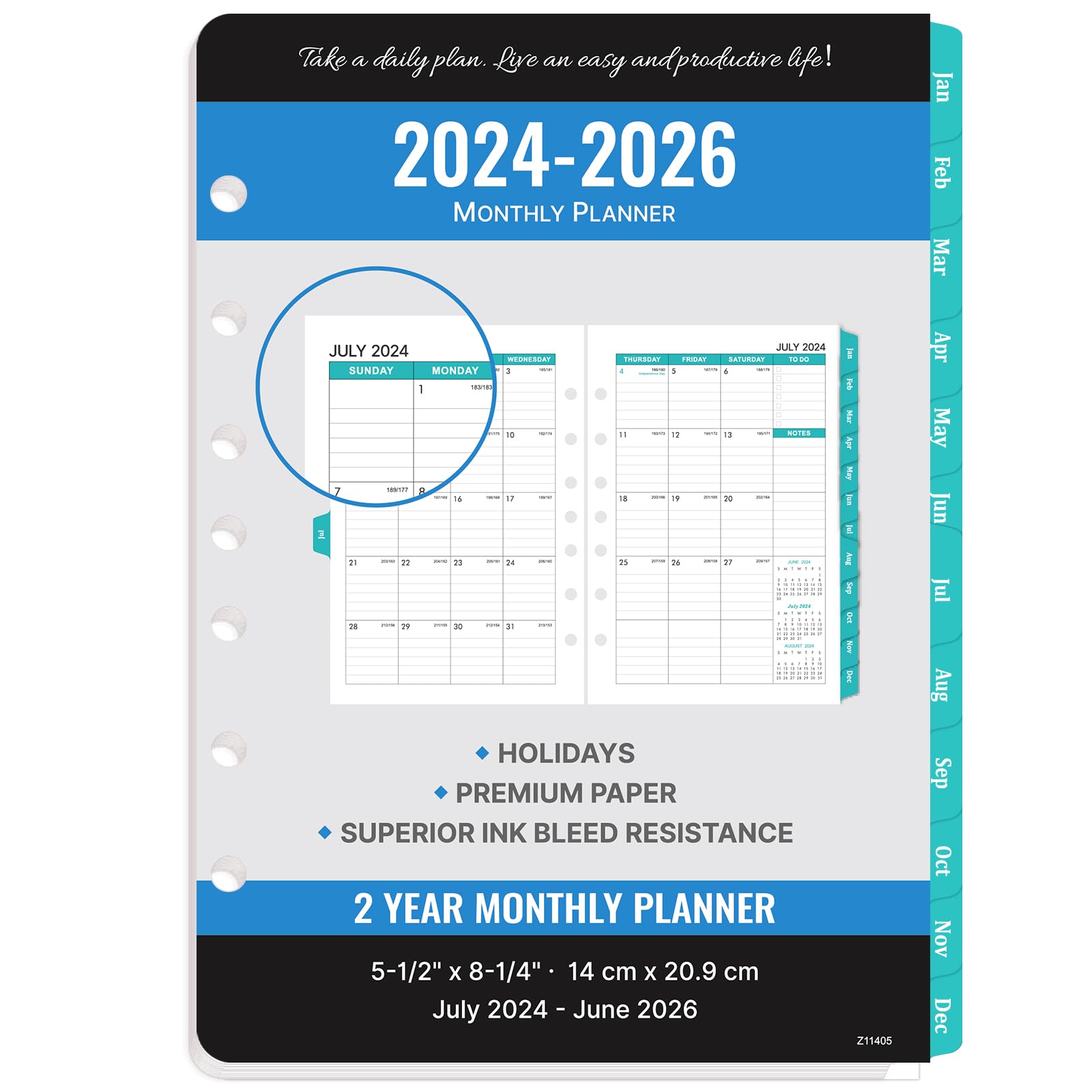 2026-2027 Monthly Planner Refill - Planner Inserts with 7-Hole Punched, 5-1/2" x 8-1/2", Runs from January 2026 to December 2027, Two Pages Per Month, Monthly Calendar with Tabs