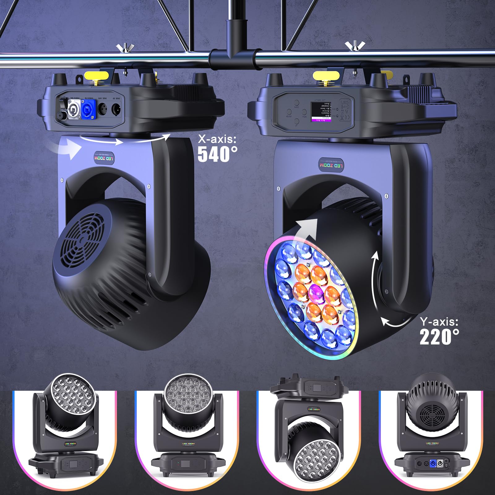 19 LED 285W Wash Zoom Moving Head Licht, RGBW 4 in 1 Professionelles Focus Dye Bühnenlicht mit Lichtstreifen und 4 Steuerungsmodi für Party KTV Konzert DJ Weihnachten Hochzeit Feiern