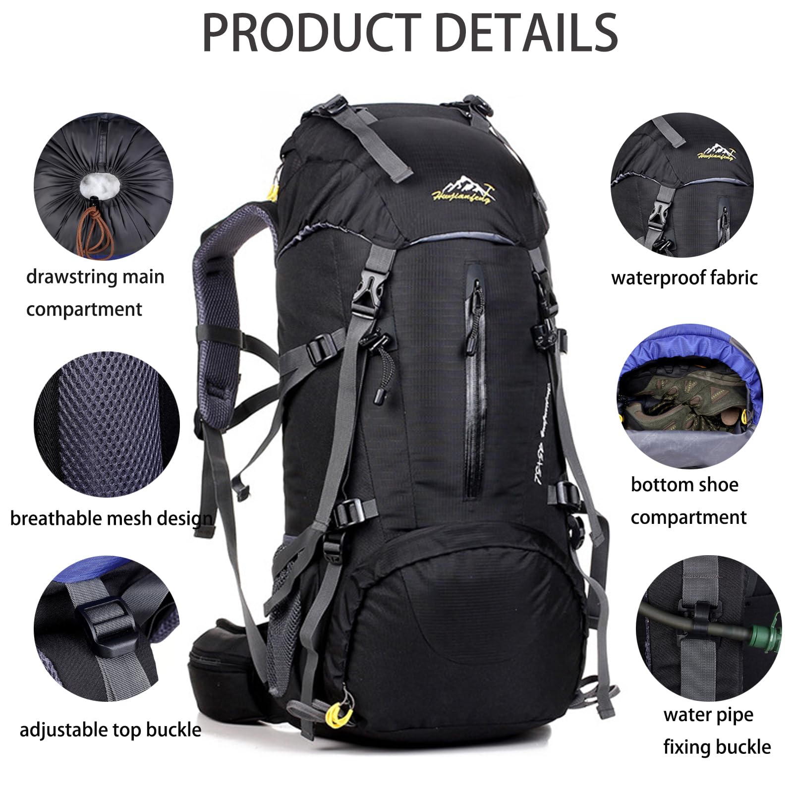 50 l Wanderrucksack, wasserdicht, leicht, mit Regenschutz, Outdoor-Sport, Reisen, Tagesrucksack für Männer und Frauen, Klettern, Camping, Touren, Schwarz