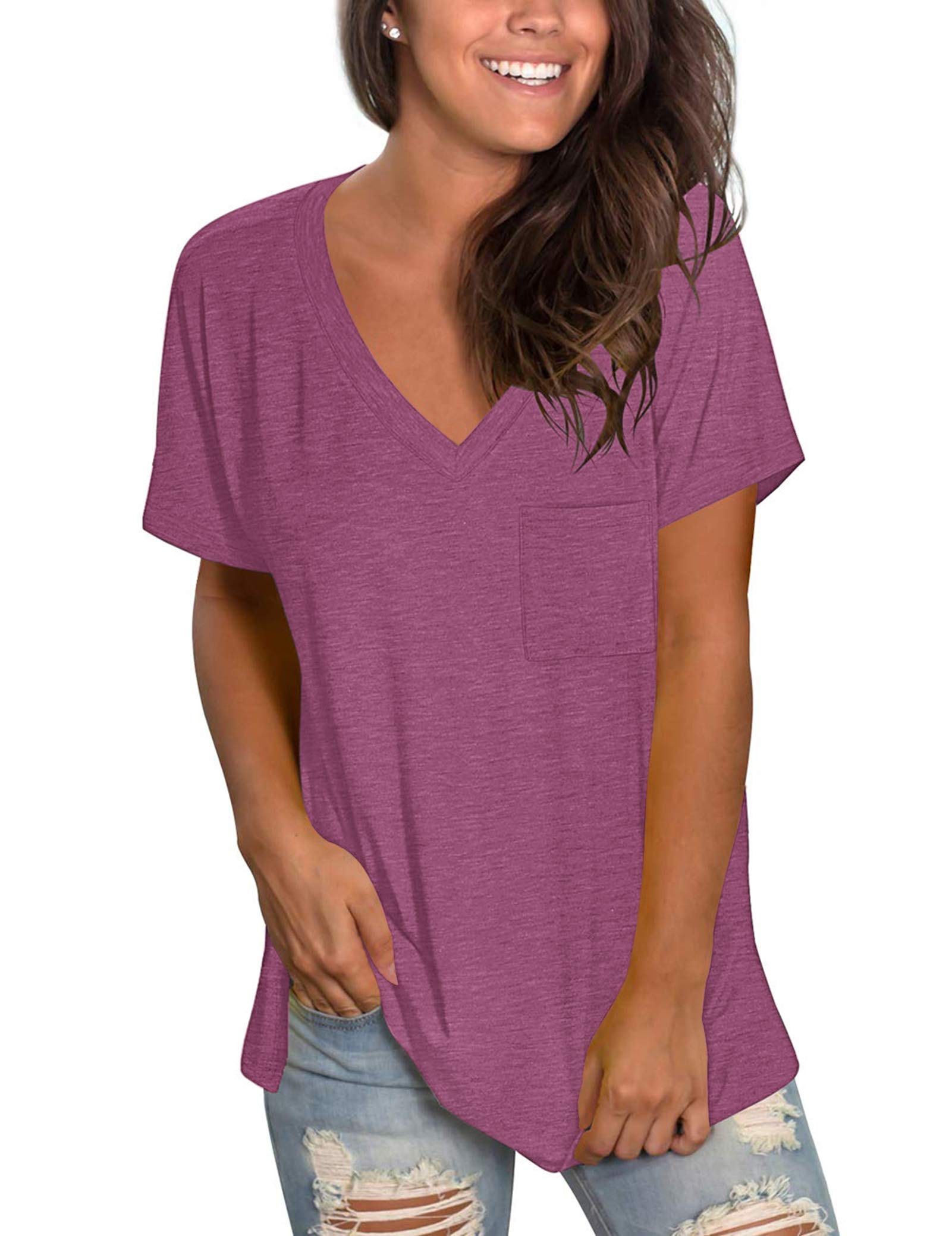 Molerani Women's Mauve Short Sleeve V-Neck Shirts Loose Casual Tee Summer Tops With Pocket (2Xl, )
