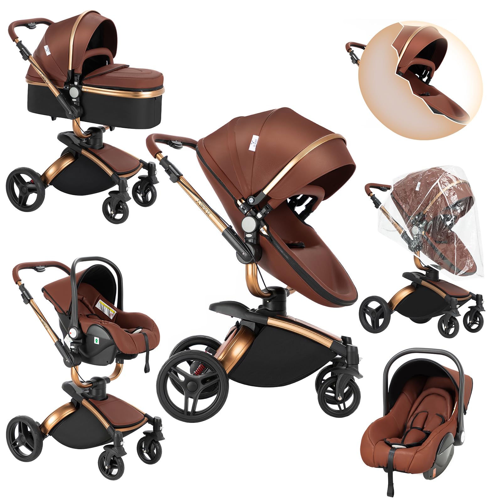 Sianldcone Pelle PU Passeggino 3 in 1 Trio Neonati, 360° Sedile Girevole Carrozzina per Neonato, Spinta Bidirezionale Passeggino Reversibile, Visione Aperta Passeggino Trolley (906 Brown)